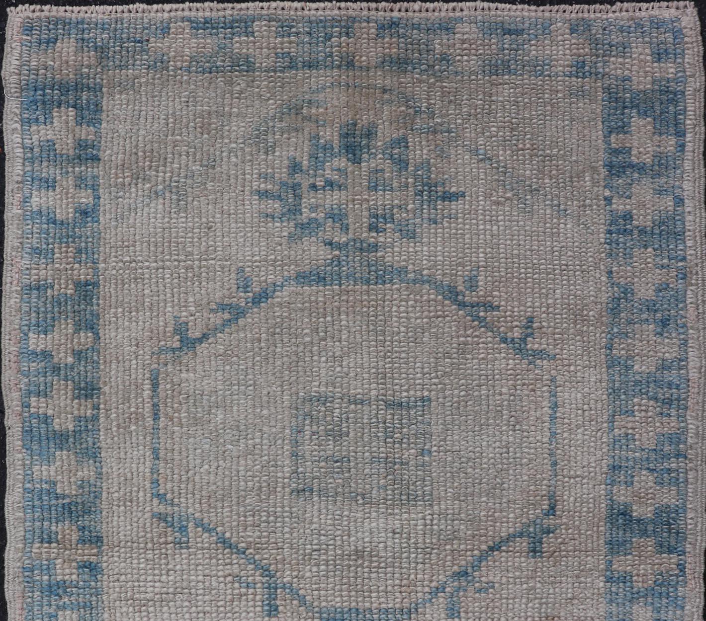 Contemporary Turkish Oushak Rug Blue and Beige Geometric Pattern 2'6 x 3'7 For Sale