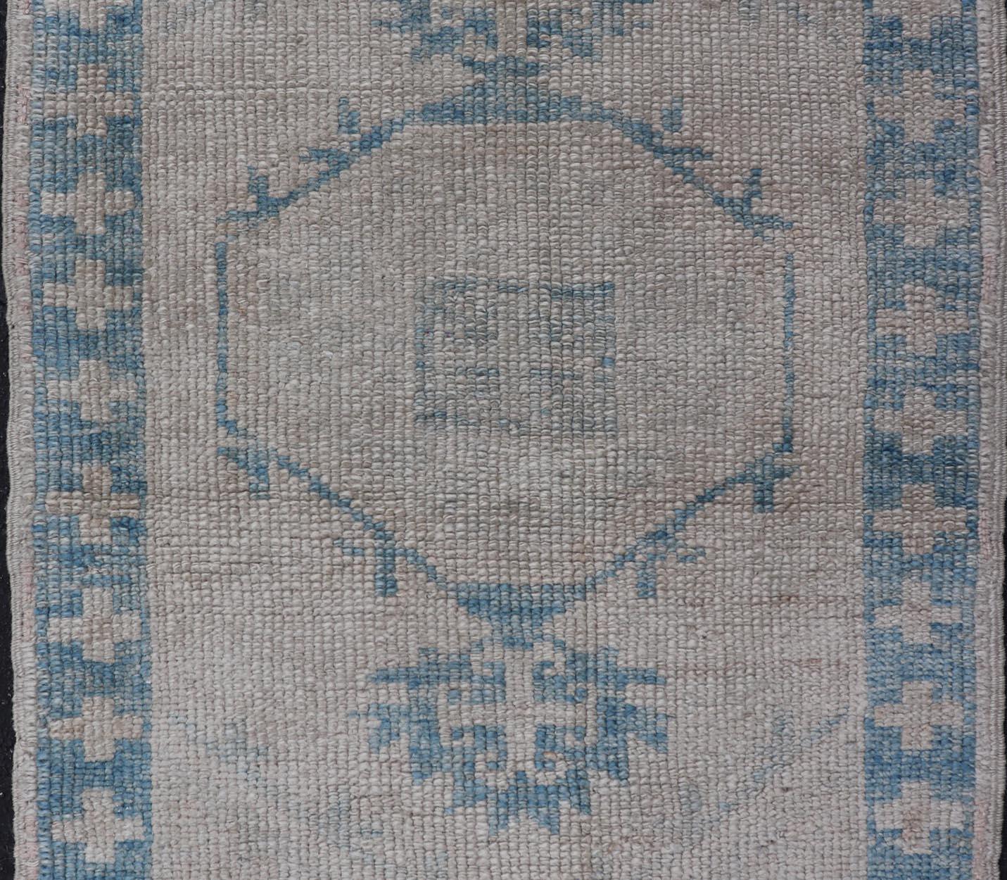 Wool Turkish Oushak Rug Blue and Beige Geometric Pattern 2'6 x 3'7 For Sale