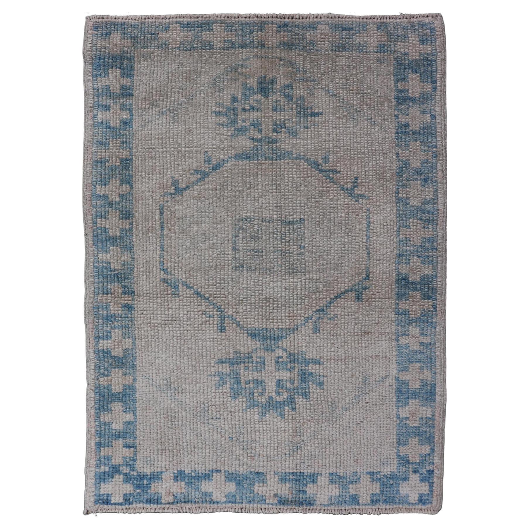 Turkish Oushak Rug Blue and Beige Geometric Pattern 2'6 x 3'7