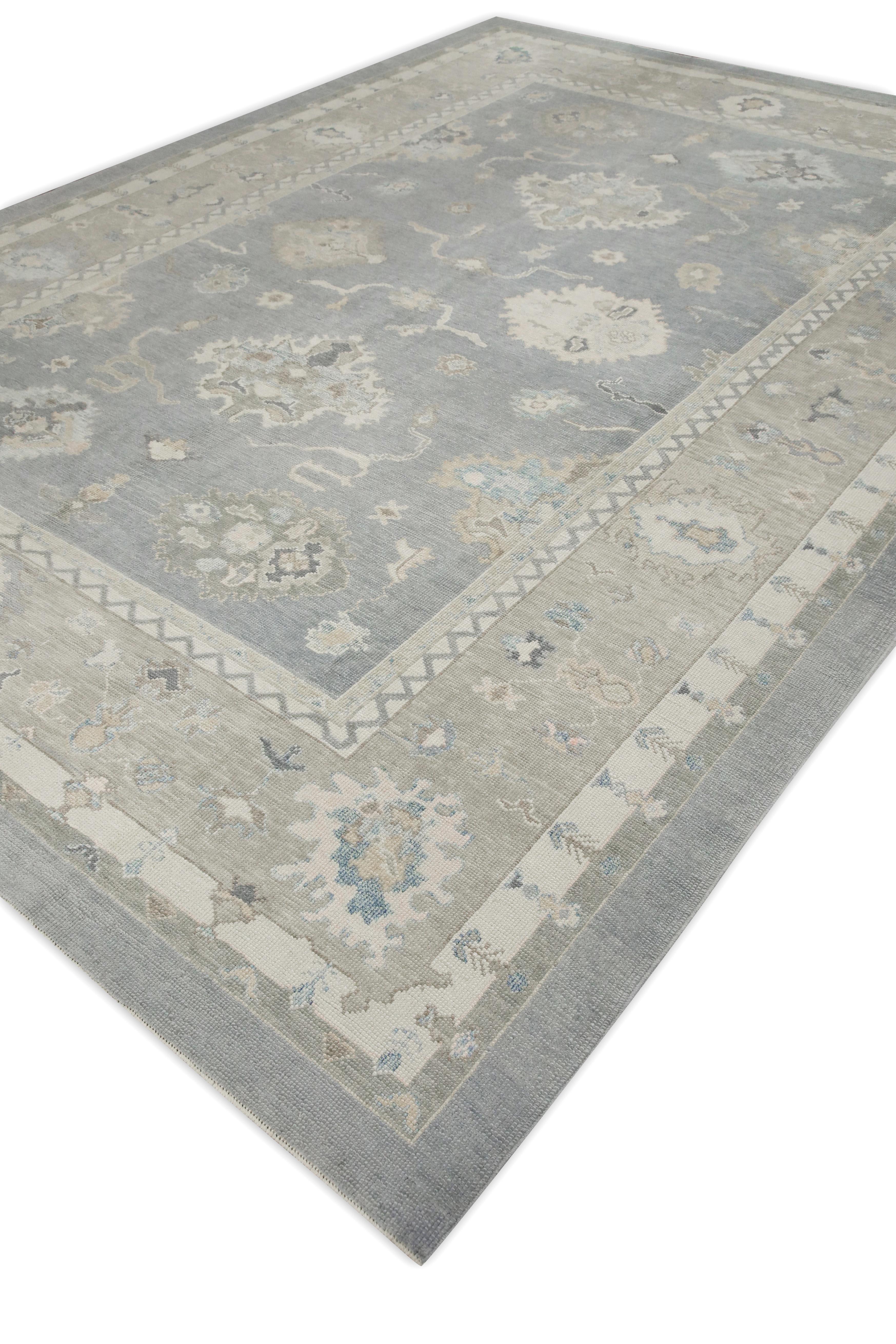 Contemporary Turkish Oushak Rug Blue and Green Floral Handwoven Wool 9'11