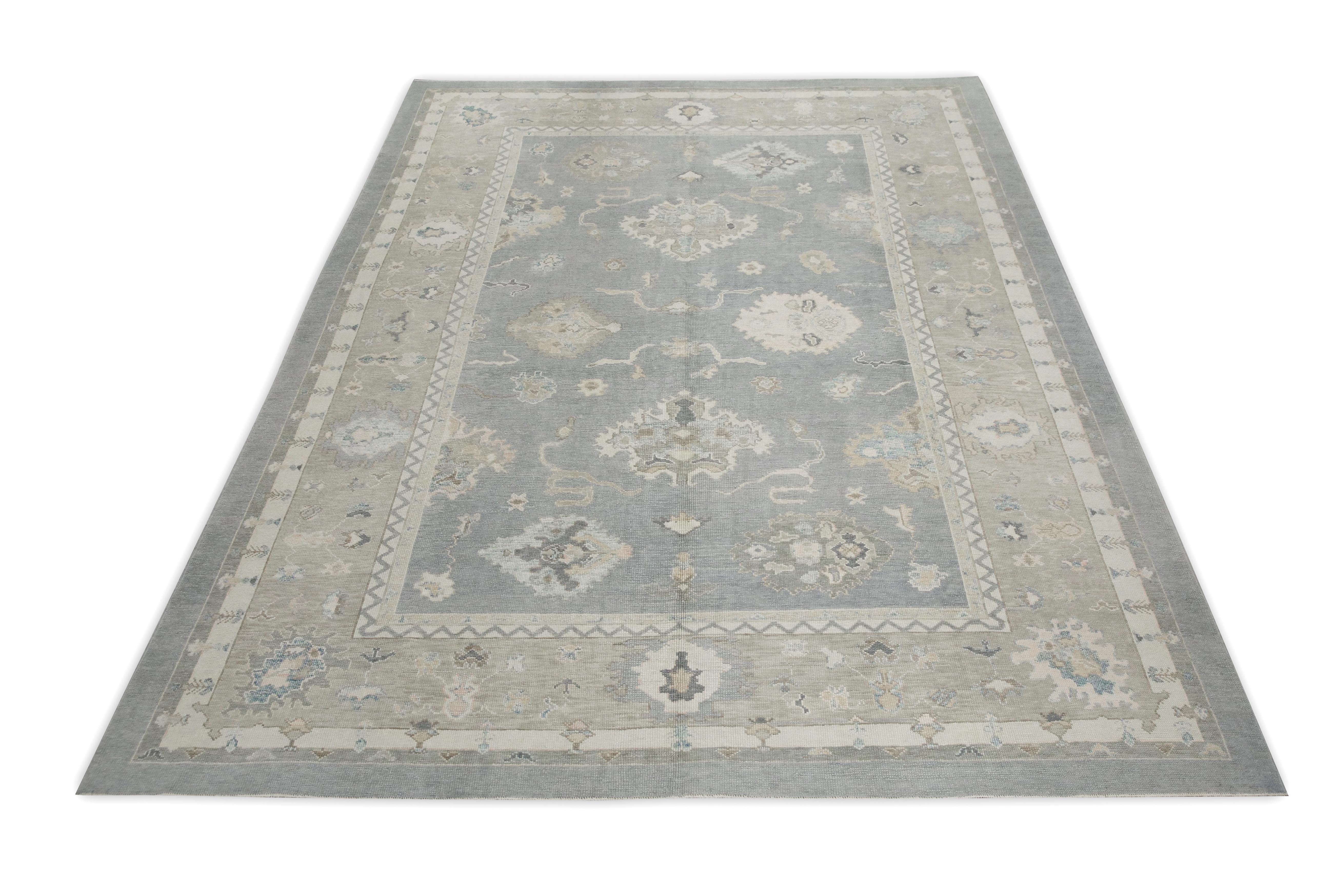 Turkish Oushak Rug Blue and Green Floral Handwoven Wool 9'11