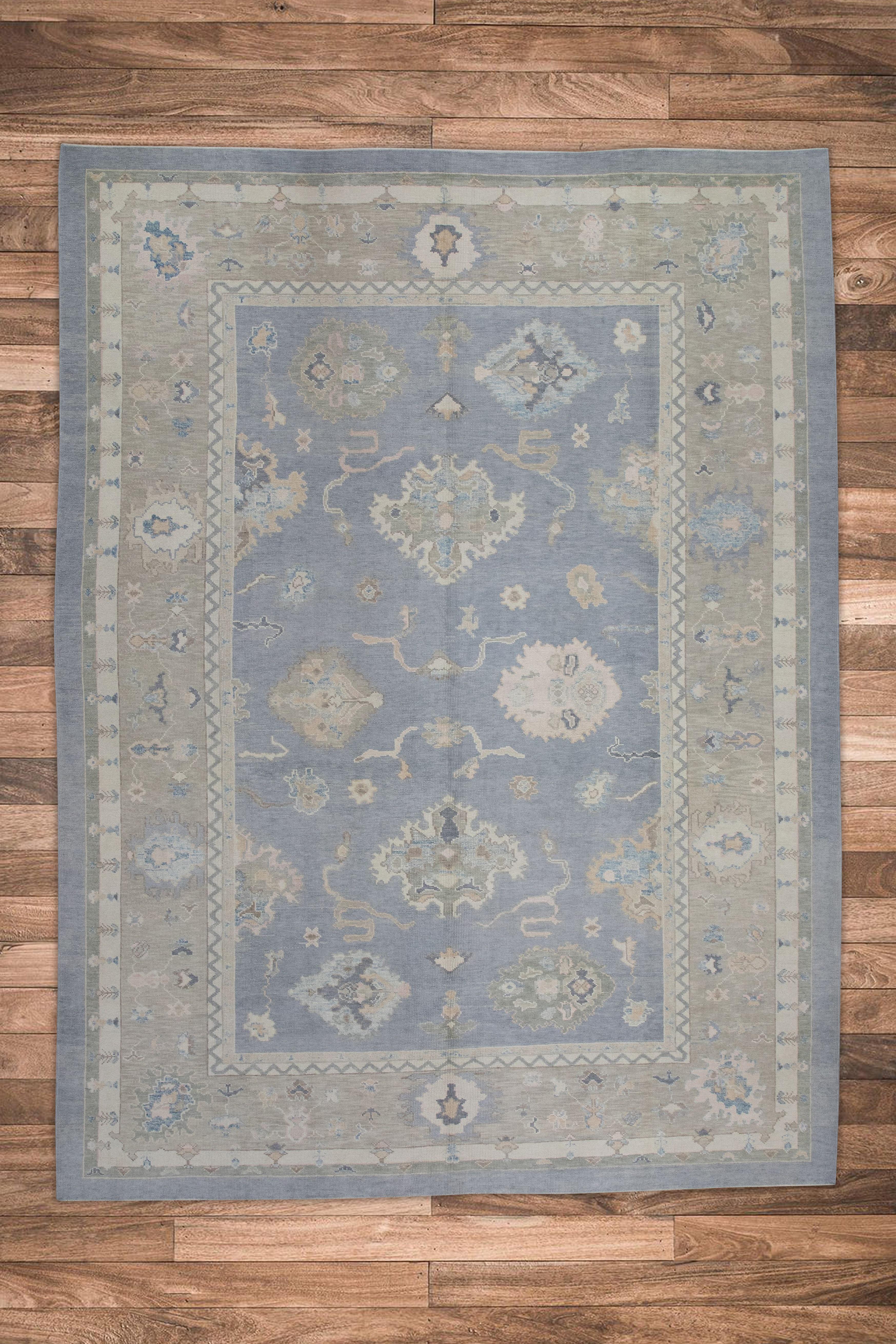 Turkish Oushak Rug Blue and Green Floral Handwoven Wool 9'11