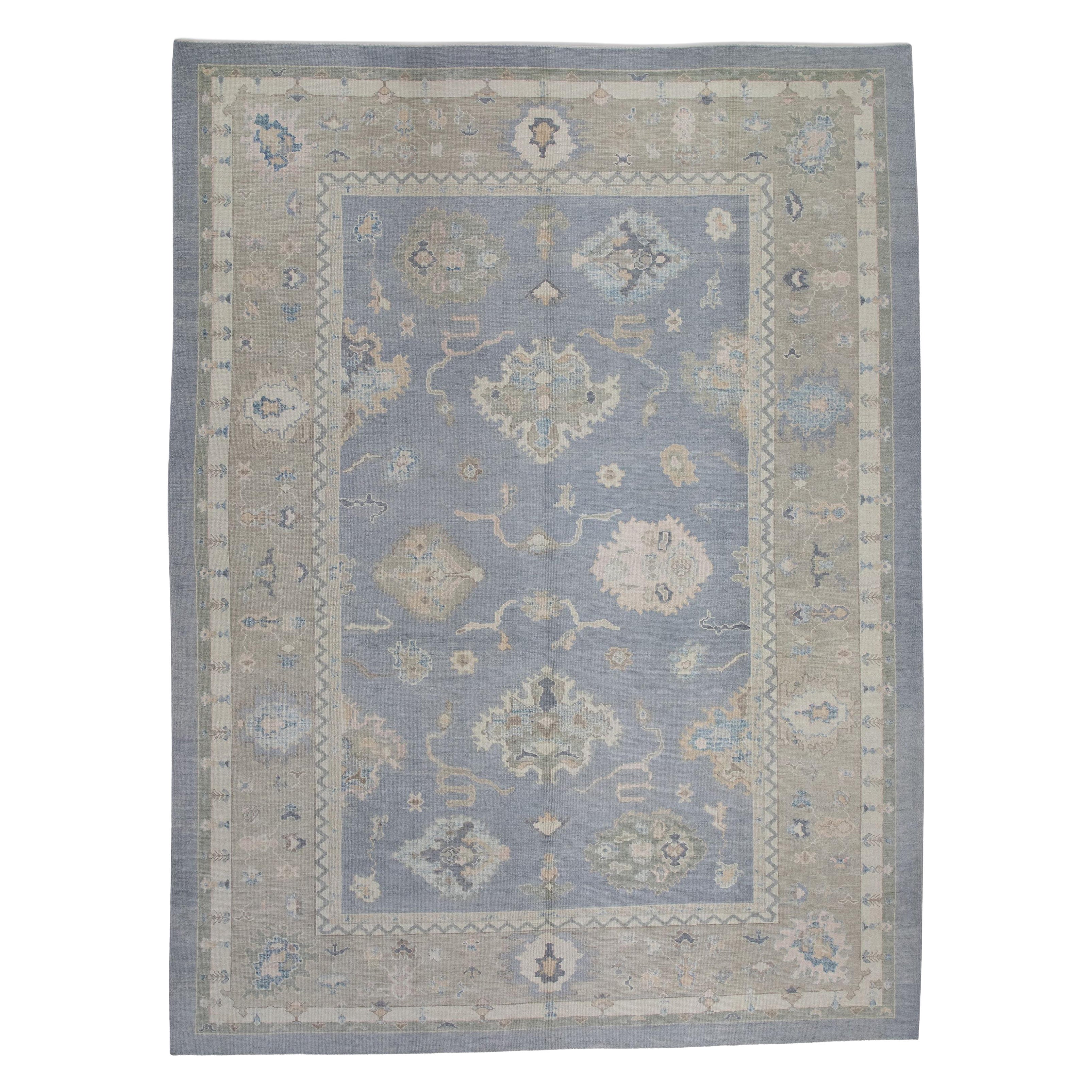 Tapis turc Oushak Bleu et vert Floral Laine tissée à la main 9'11" x 13'8"