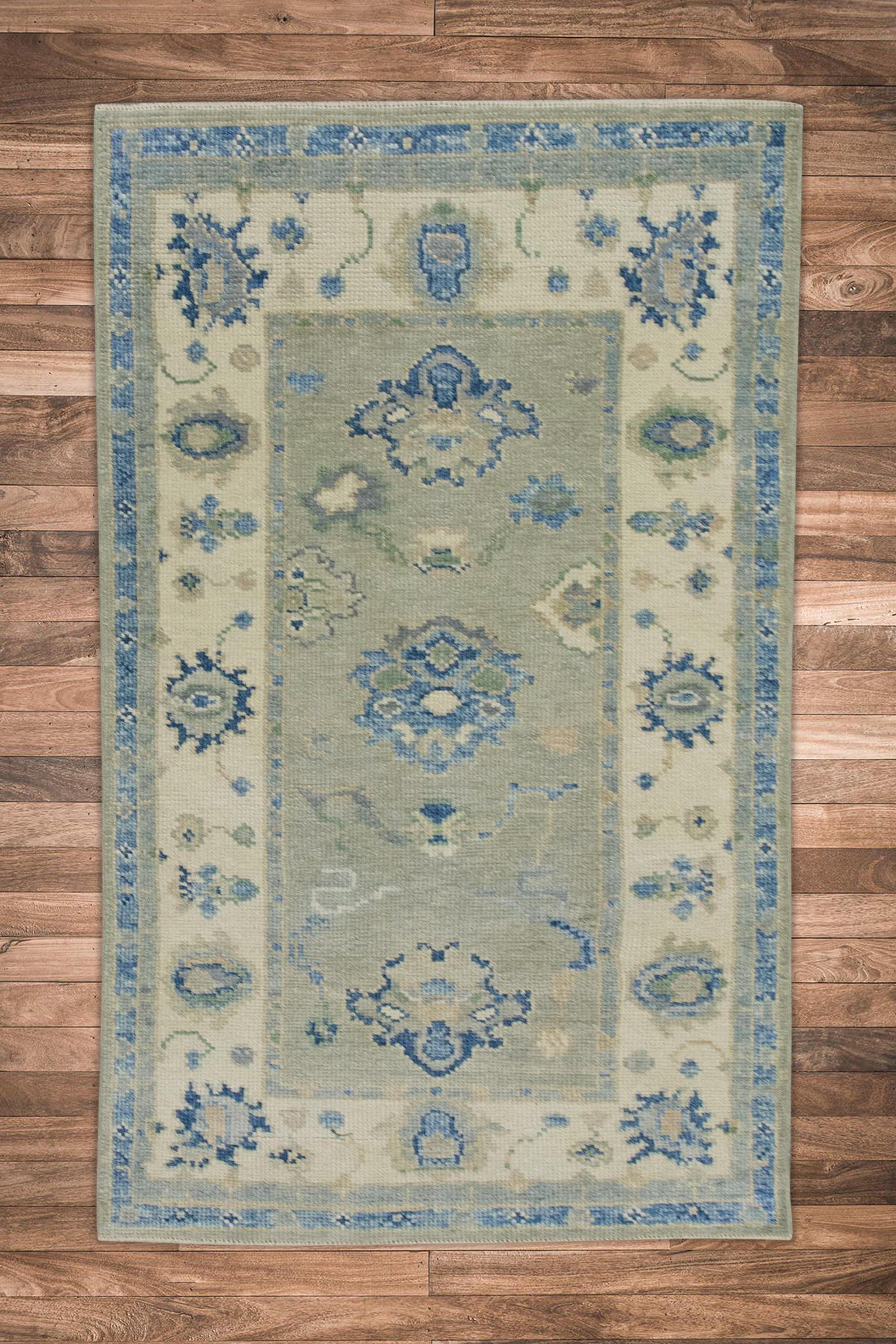 Contemporary Turkish Oushak Rug Blue & Beige Floral Design Handwoven Wool Rug 2'9