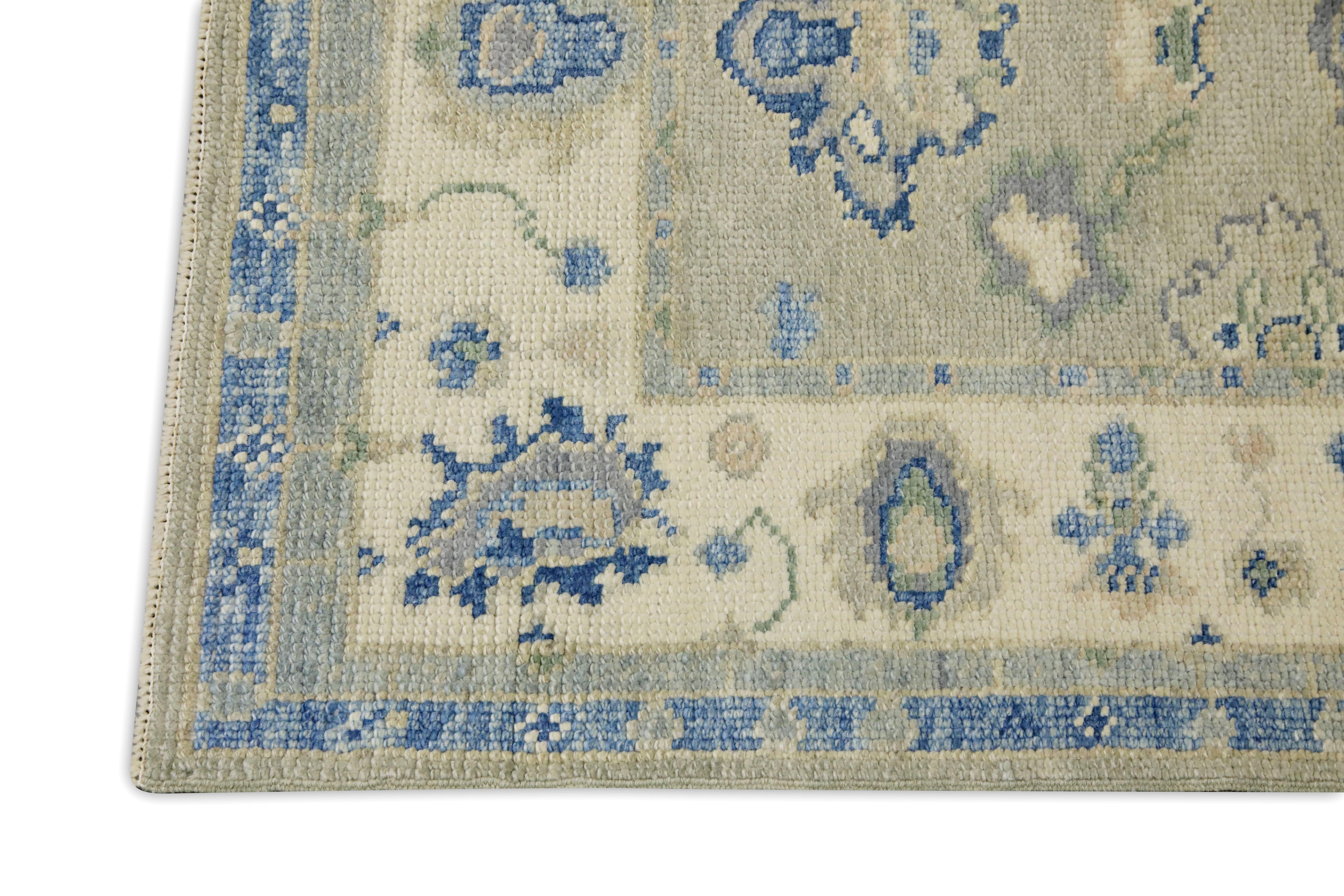 Turkish Oushak Rug Blue & Beige Floral Design Handwoven Wool Rug 2'9
