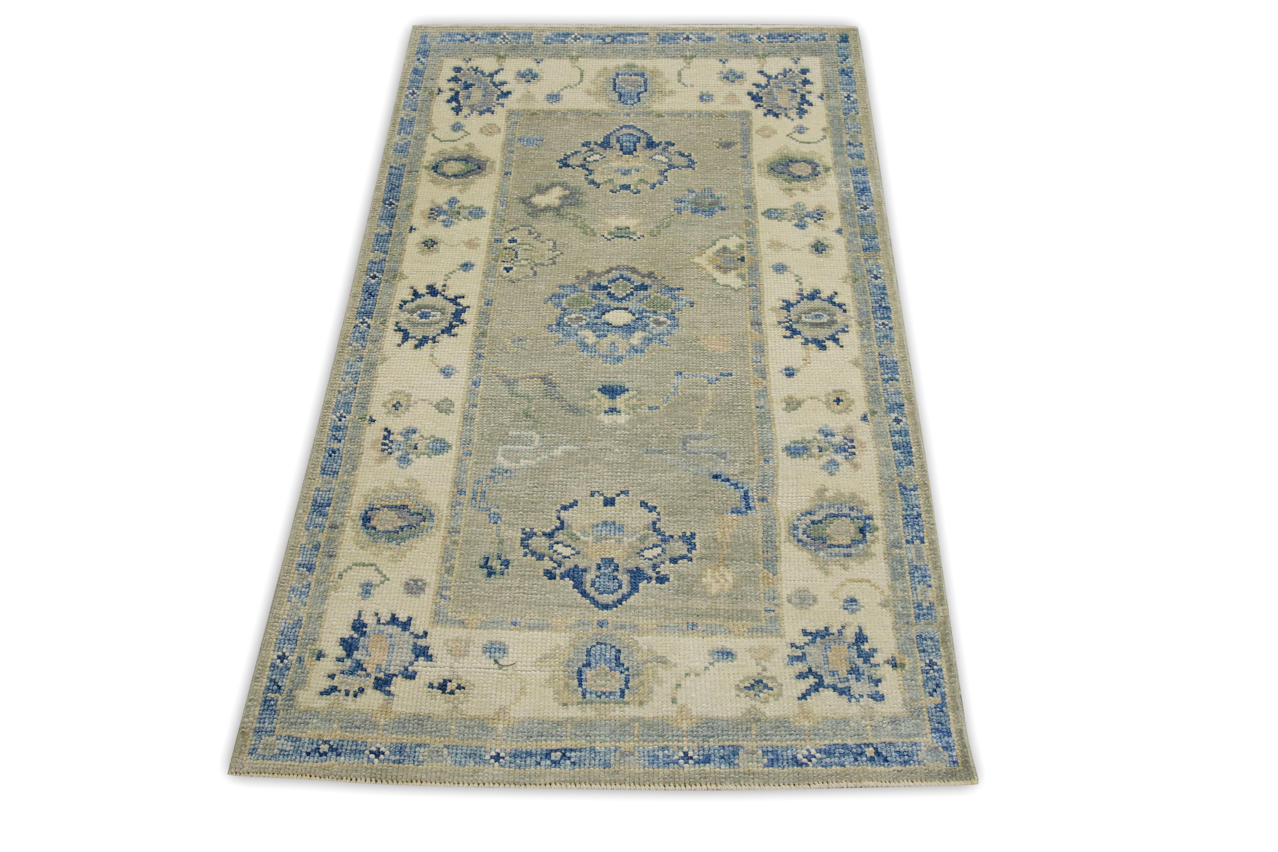 Turkish Oushak Rug Blue & Beige Floral Design Handwoven Wool Rug 2'9
