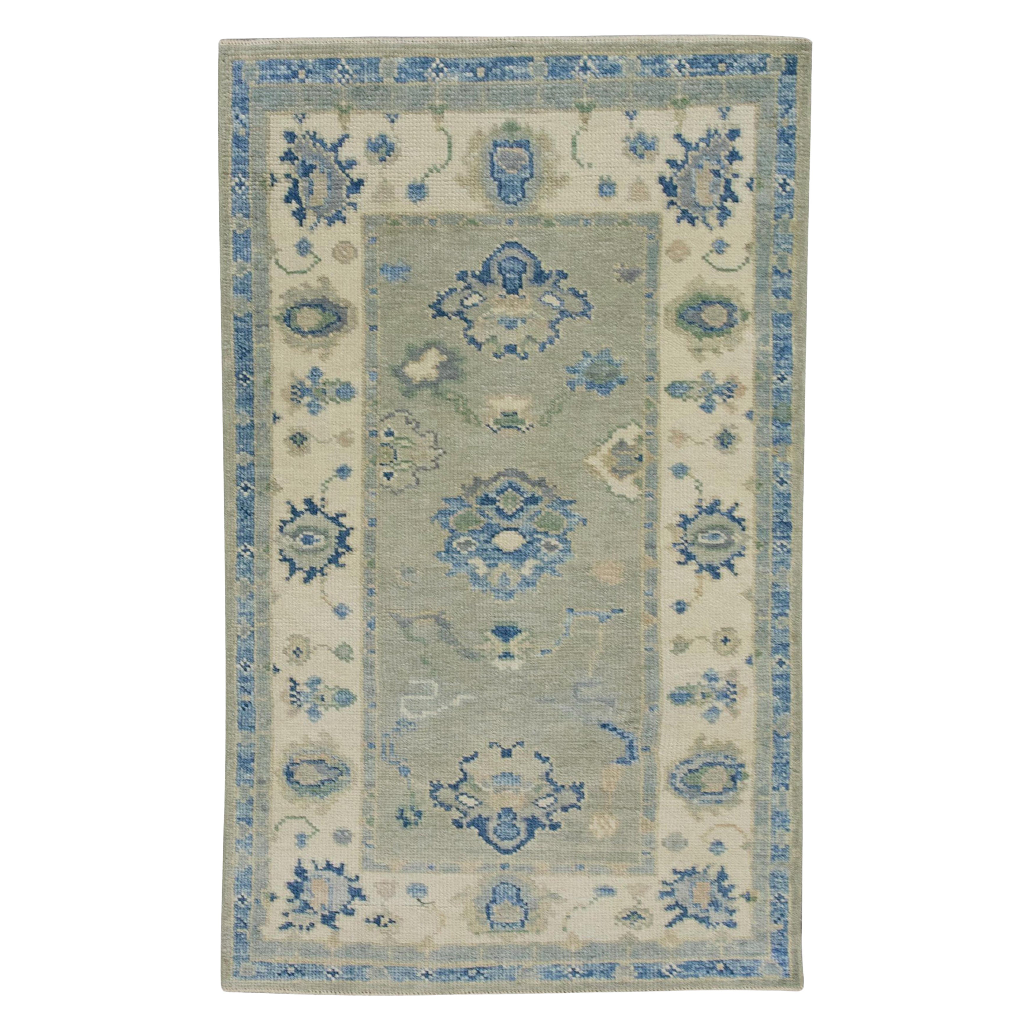 Turkish Oushak Rug Blue & Beige Floral Design Handwoven Wool Rug 2'9" x 4'6"