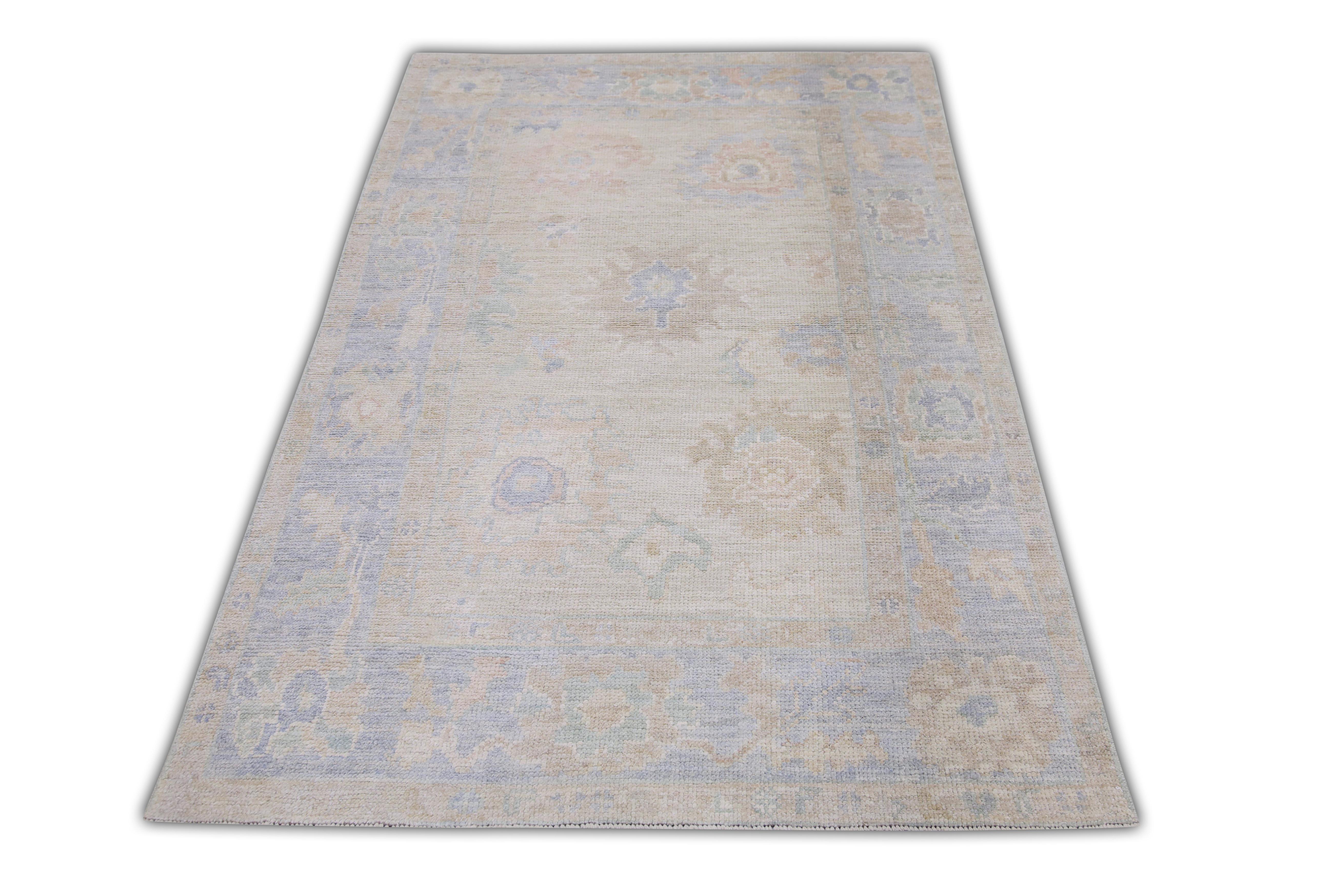 Türkischer Oushak Teppich Blau Beige Grün Handgewebter Wollteppich 3'7