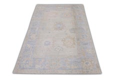 Turkish Oushak Rug Blue Beige Green Handwoven Wool Rug 3'7" x 5'11"