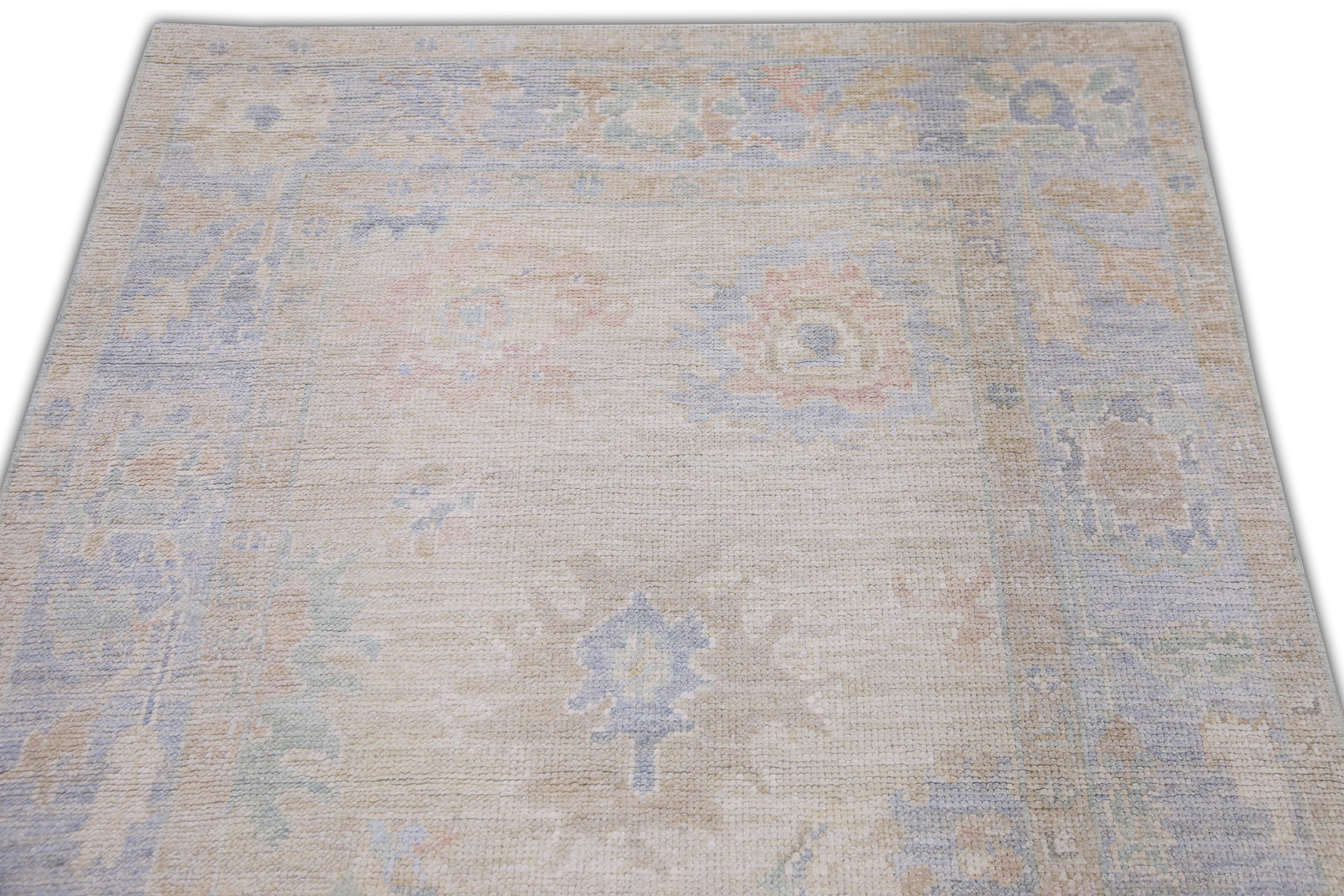 Türkischer Oushak Teppich Blau Beige Grün Handgewebter Wollteppich 3'7