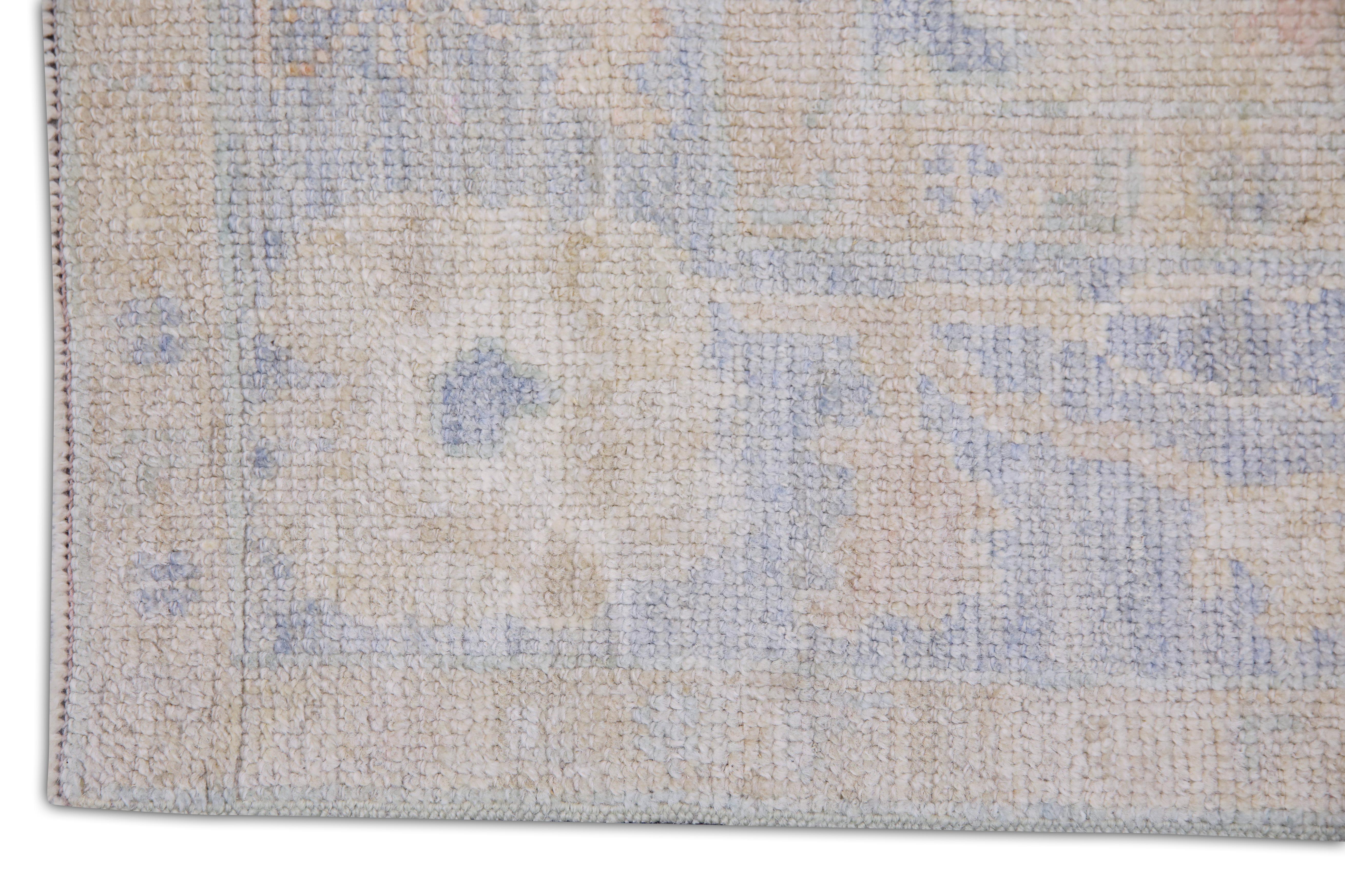 Türkischer Oushak Teppich Blau Beige Grün Handgewebter Wollteppich 3'7