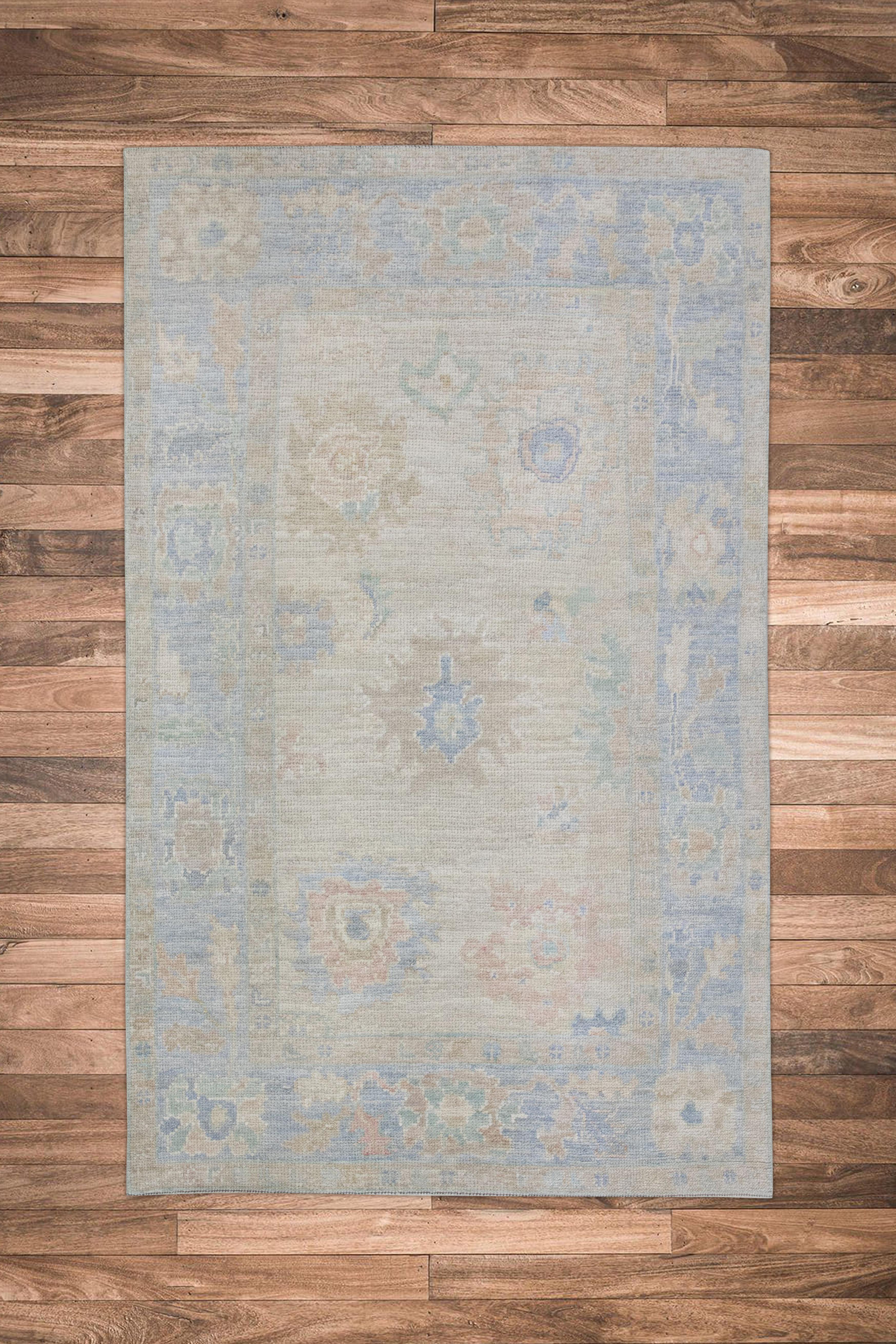 Türkischer Oushak Teppich Blau Beige Grün Handgewebter Wollteppich 3'7