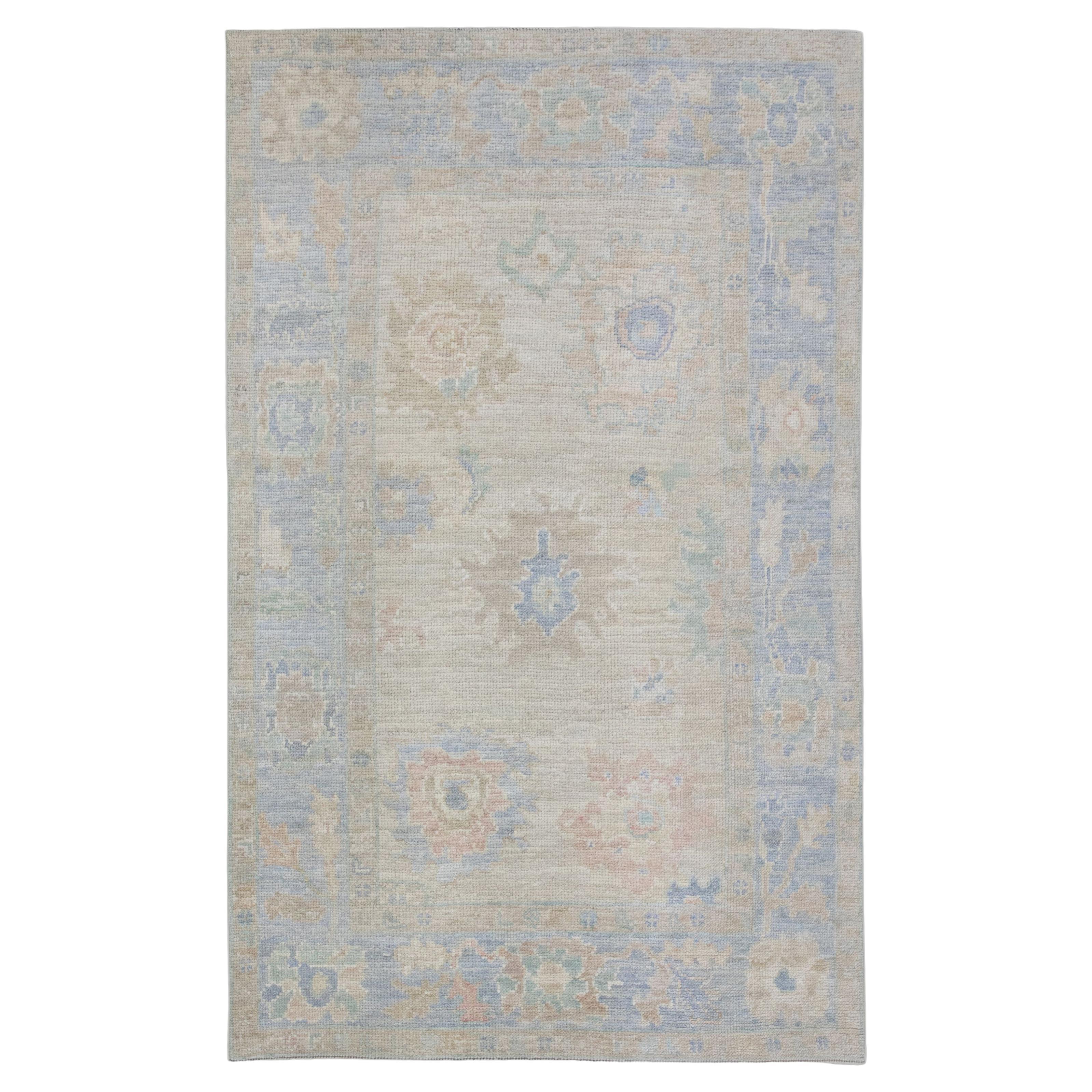 Türkischer Oushak Teppich Blau Beige Grün Handgewebter Wollteppich 3
7" x 5
11"