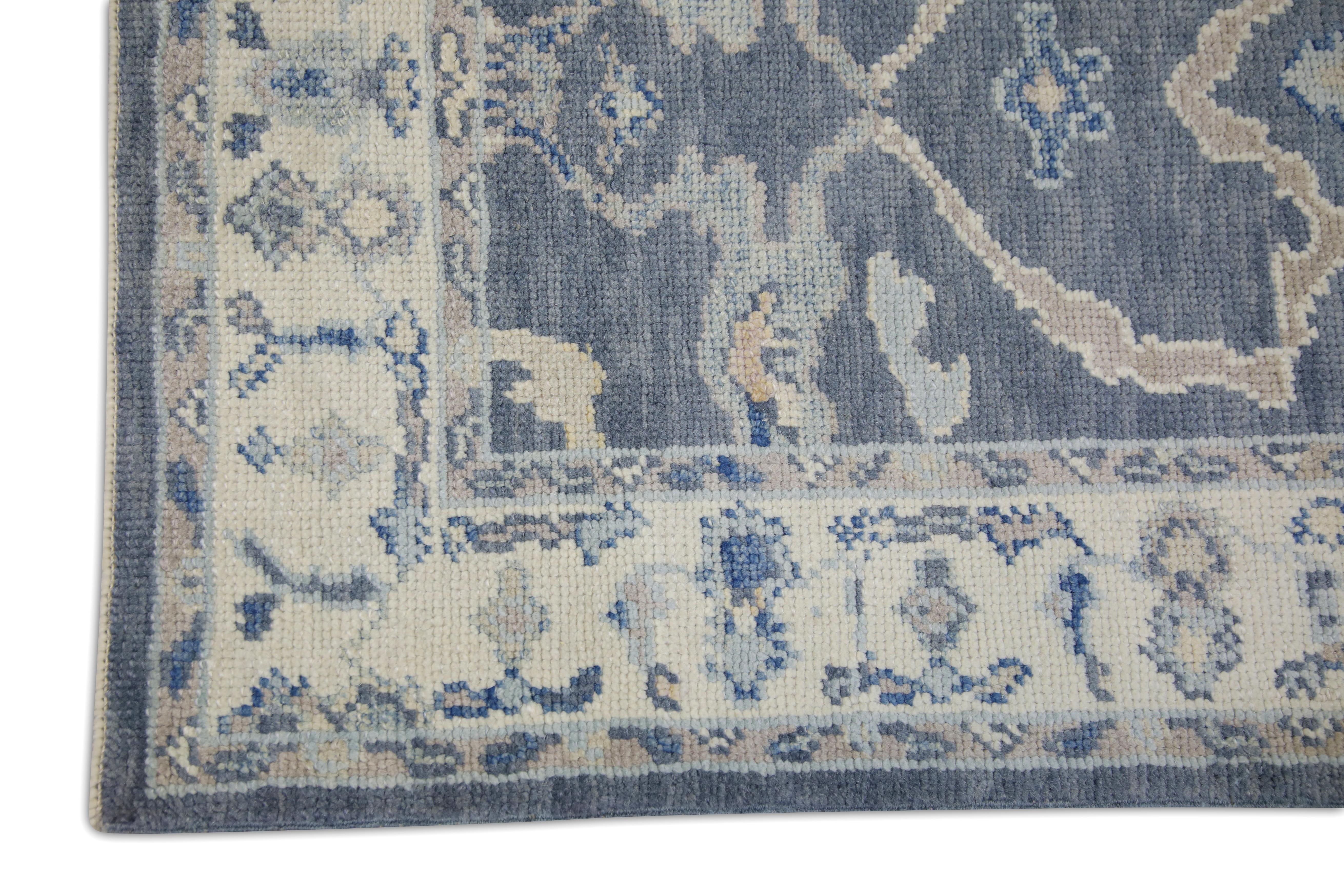 Türkischer Oushak-Teppich Blau & Creme Handgewebter Teppich 2'11