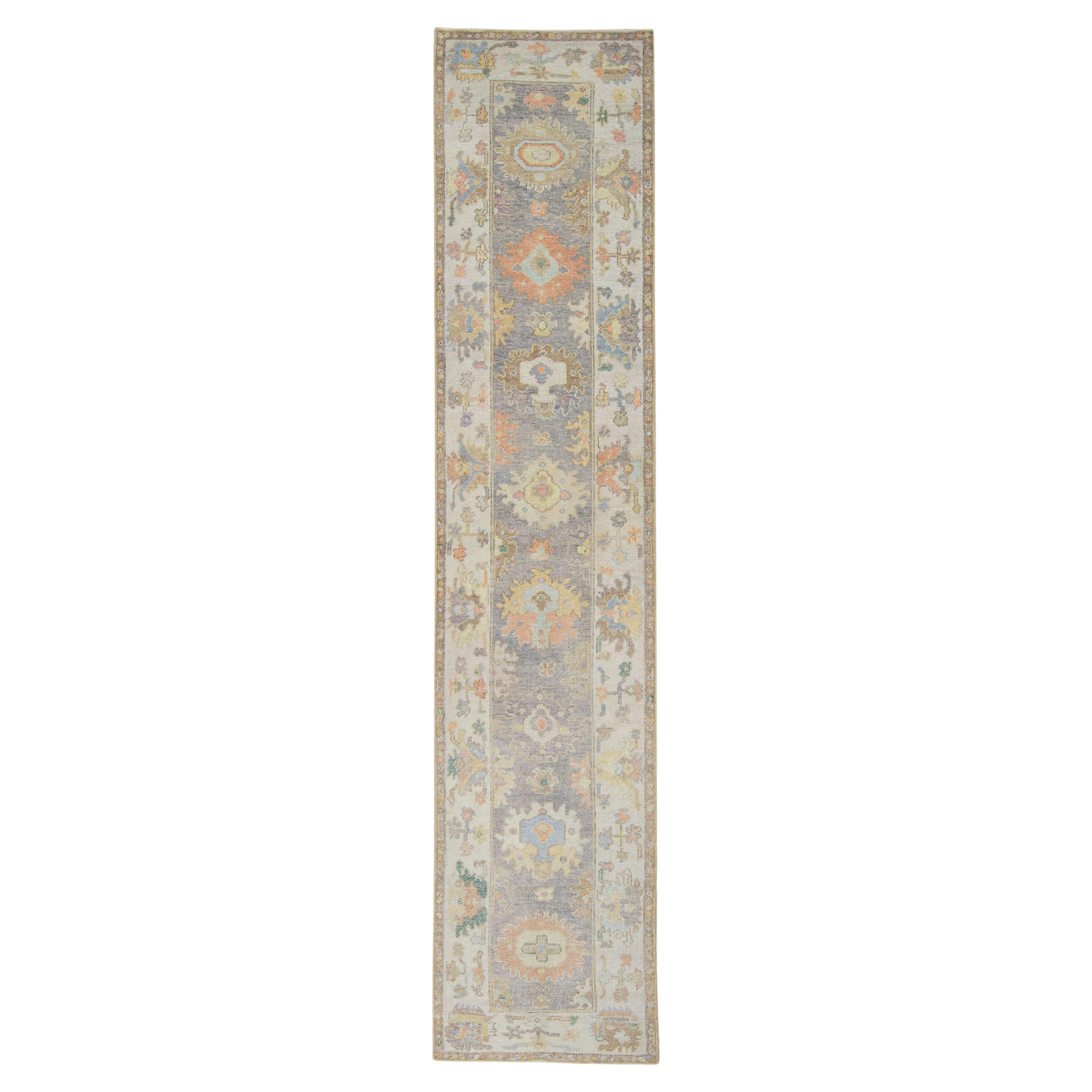 Turkish Oushak Rug Blue Cream Handwoven Wool Rug 2'10"x 14'2"
