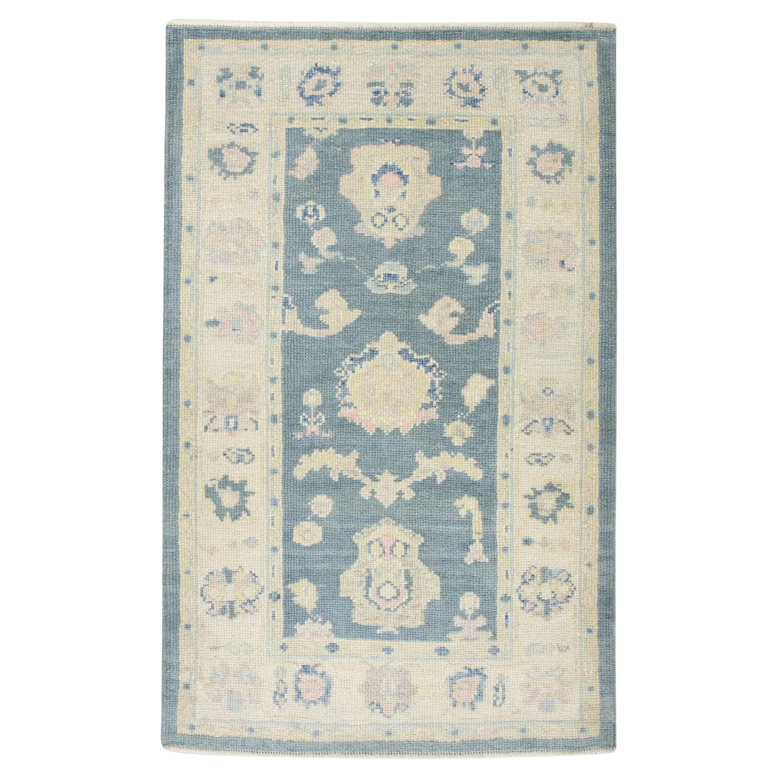 Türkischer Oushak Teppich Blau Creme Handgewebter Wollteppich 3'1" x 4'10"