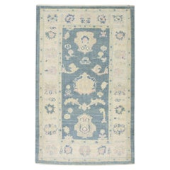 Alfombra turca Oushak Azul Crema Alfombra de lana tejida a mano 3'1" x 4'10