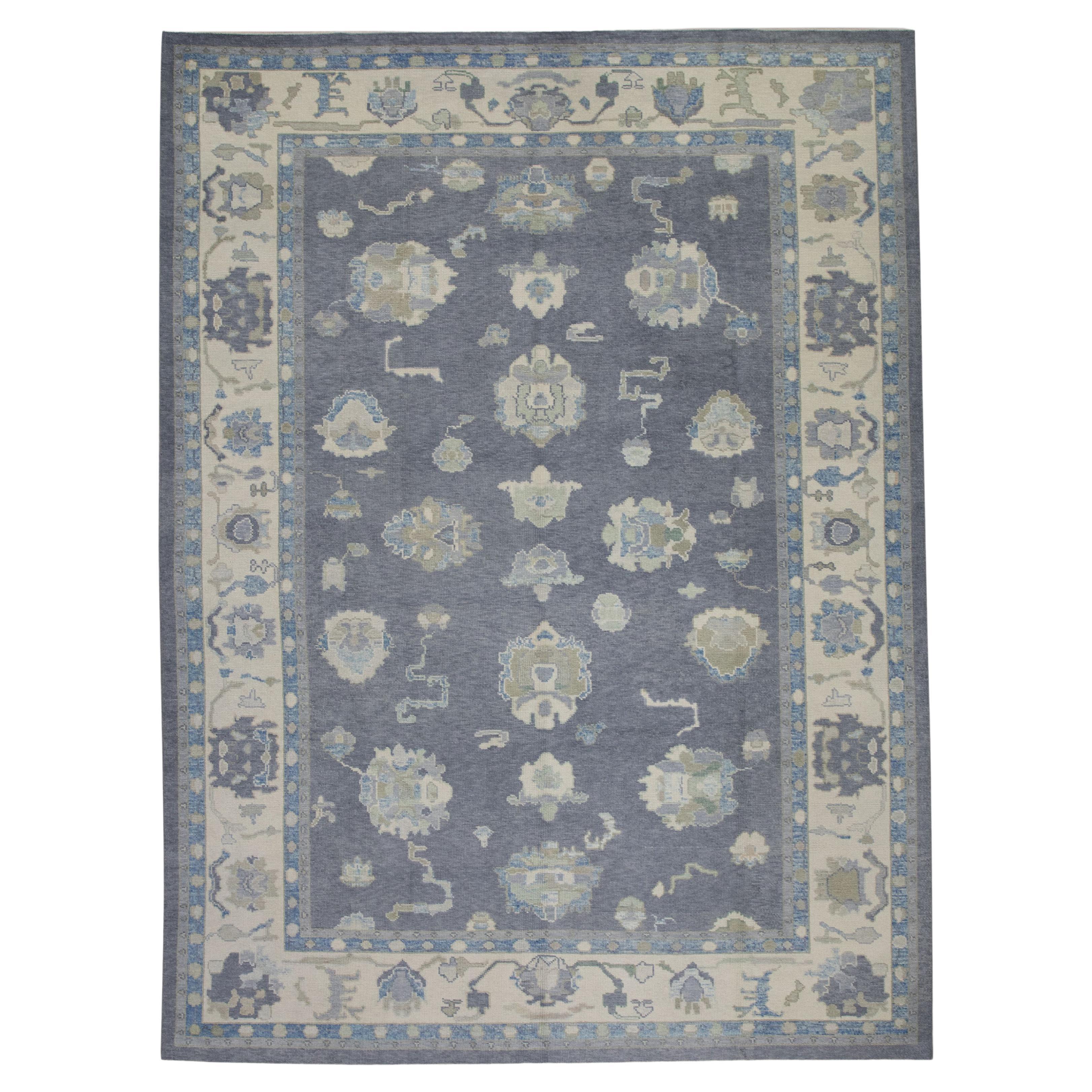 Türkischer Oushak Teppich Blau Creme Handgewebter Wollteppich 9' x 11'10"