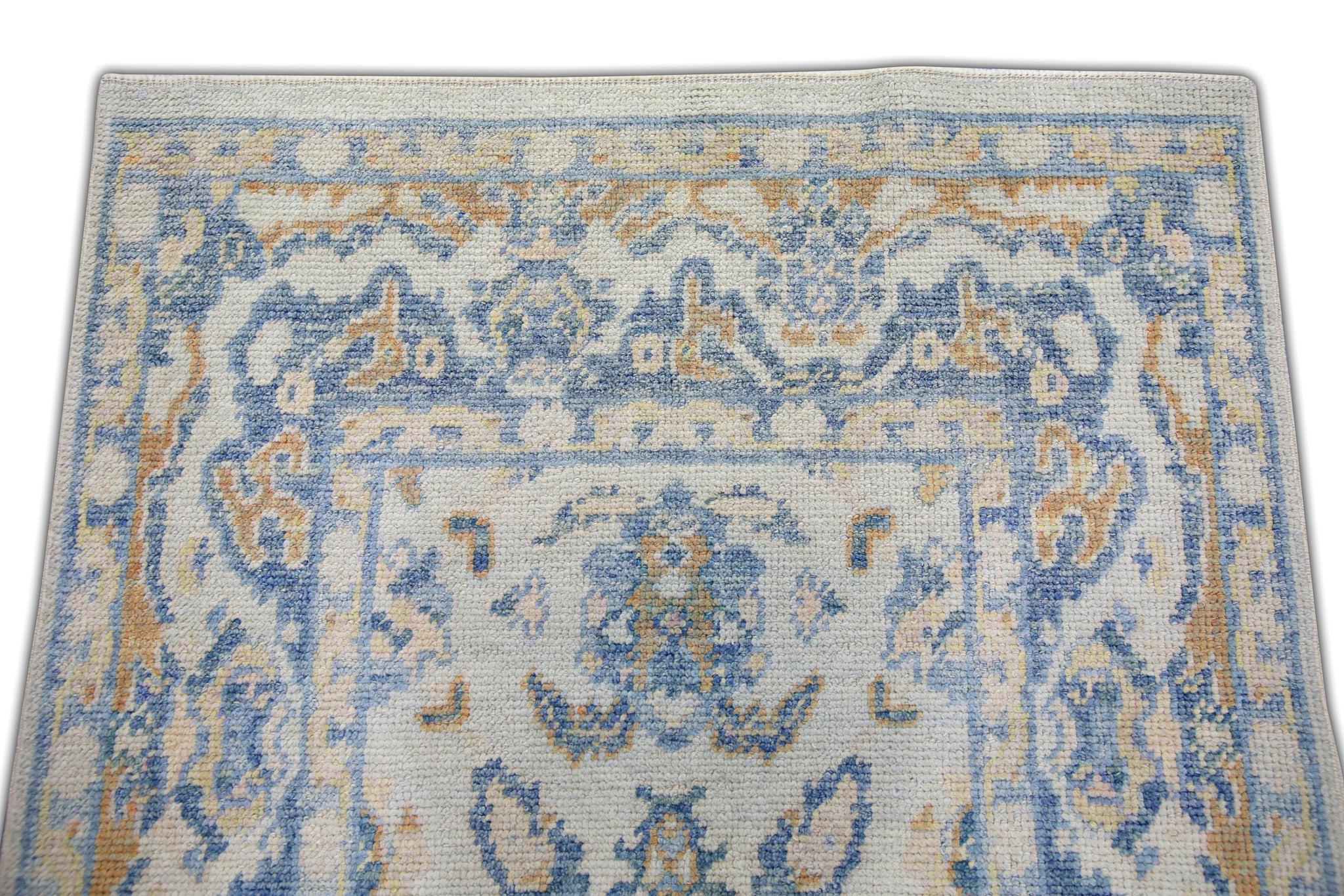 Türkischer Oushak-Teppich Blau, Gold & Elfenbein Handgewebter Wollteppich 3'2