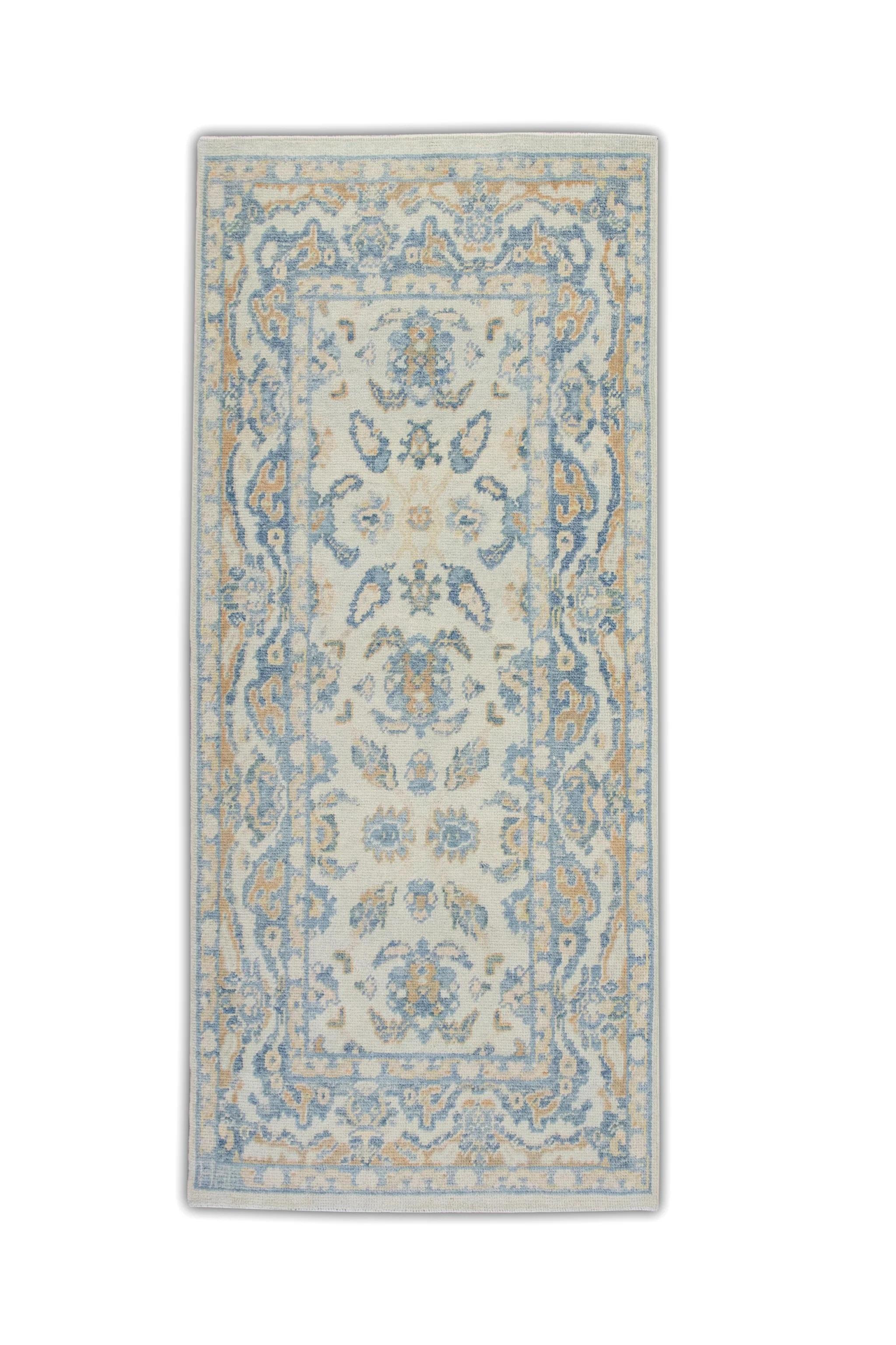 Türkischer Oushak-Teppich Blau, Gold & Elfenbein Handgewebter Wollteppich 3'2