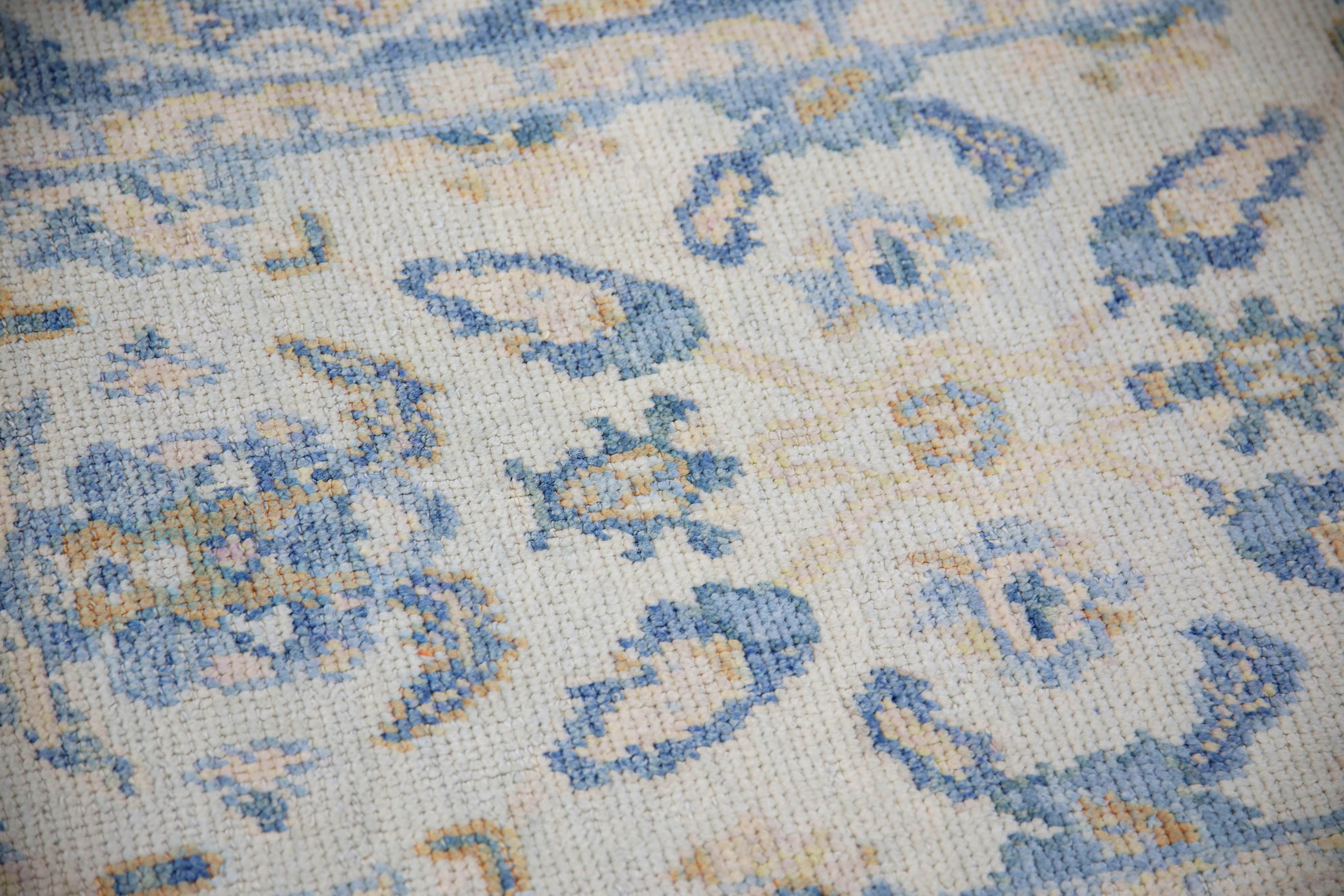 Türkischer Oushak-Teppich Blau, Gold & Elfenbein Handgewebter Wollteppich 3'2