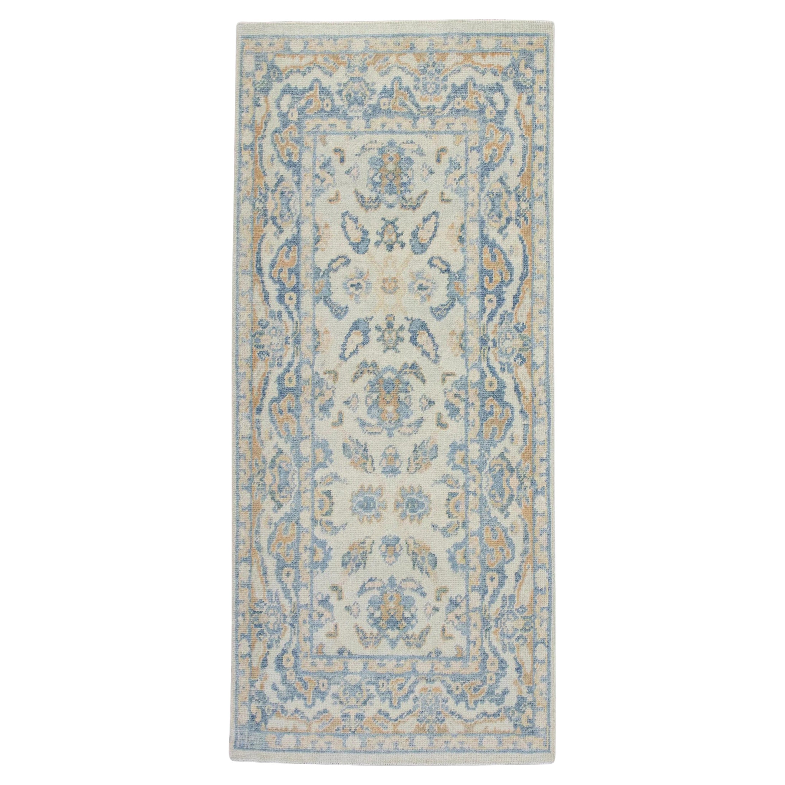 Türkischer Oushak-Teppich Blau, Gold & Elfenbein Handgewebter Wollteppich 3'2" x 7'1" im Angebot