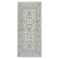 Türkischer Oushak-Teppich Blau, Gold & Elfenbein Handgewebter Wollteppich 3'2" x 7'1"