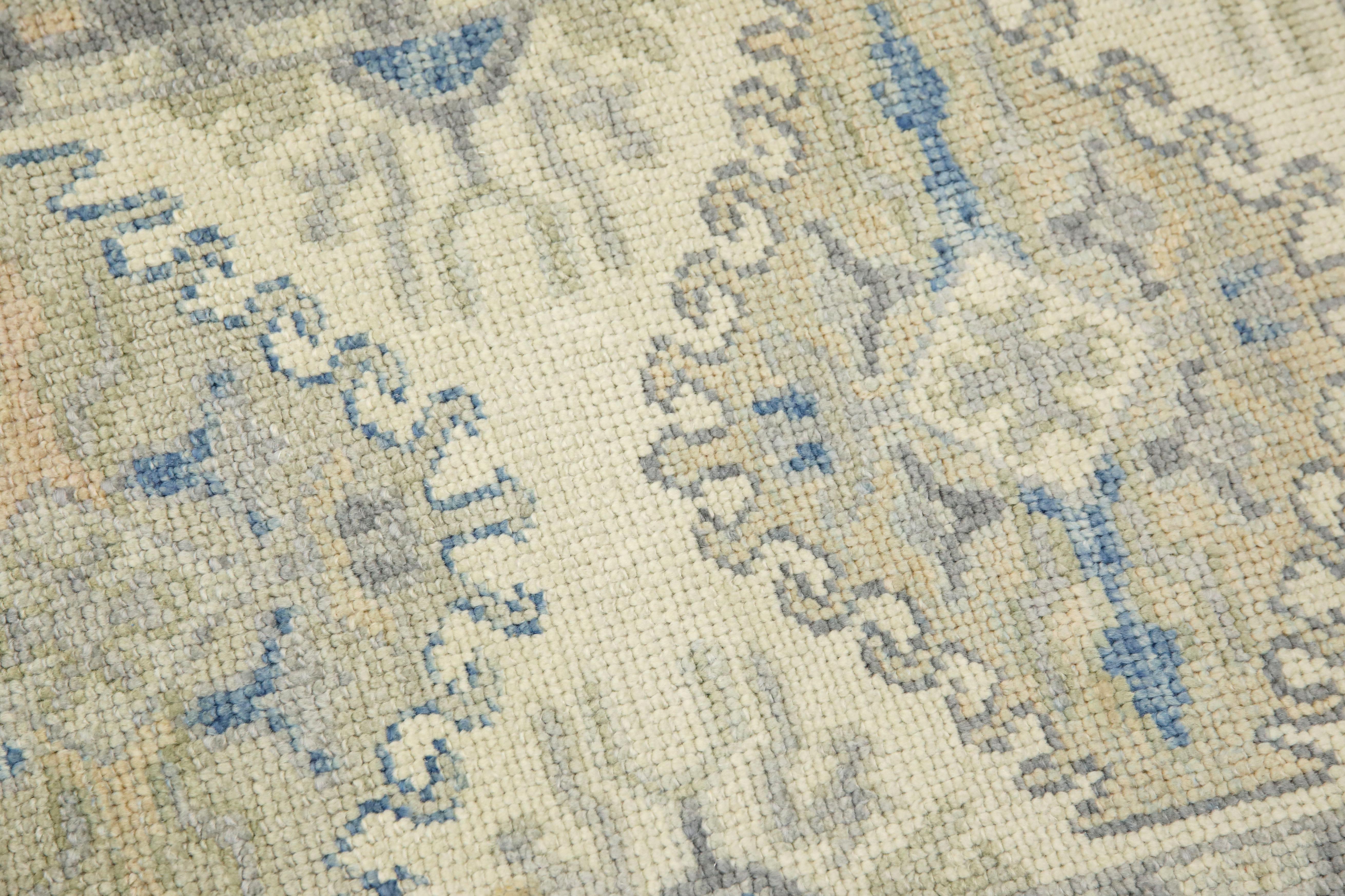 Türkischer Oushak Teppich Blau, Grau & Creme Handgewebter Wollteppich 1'10