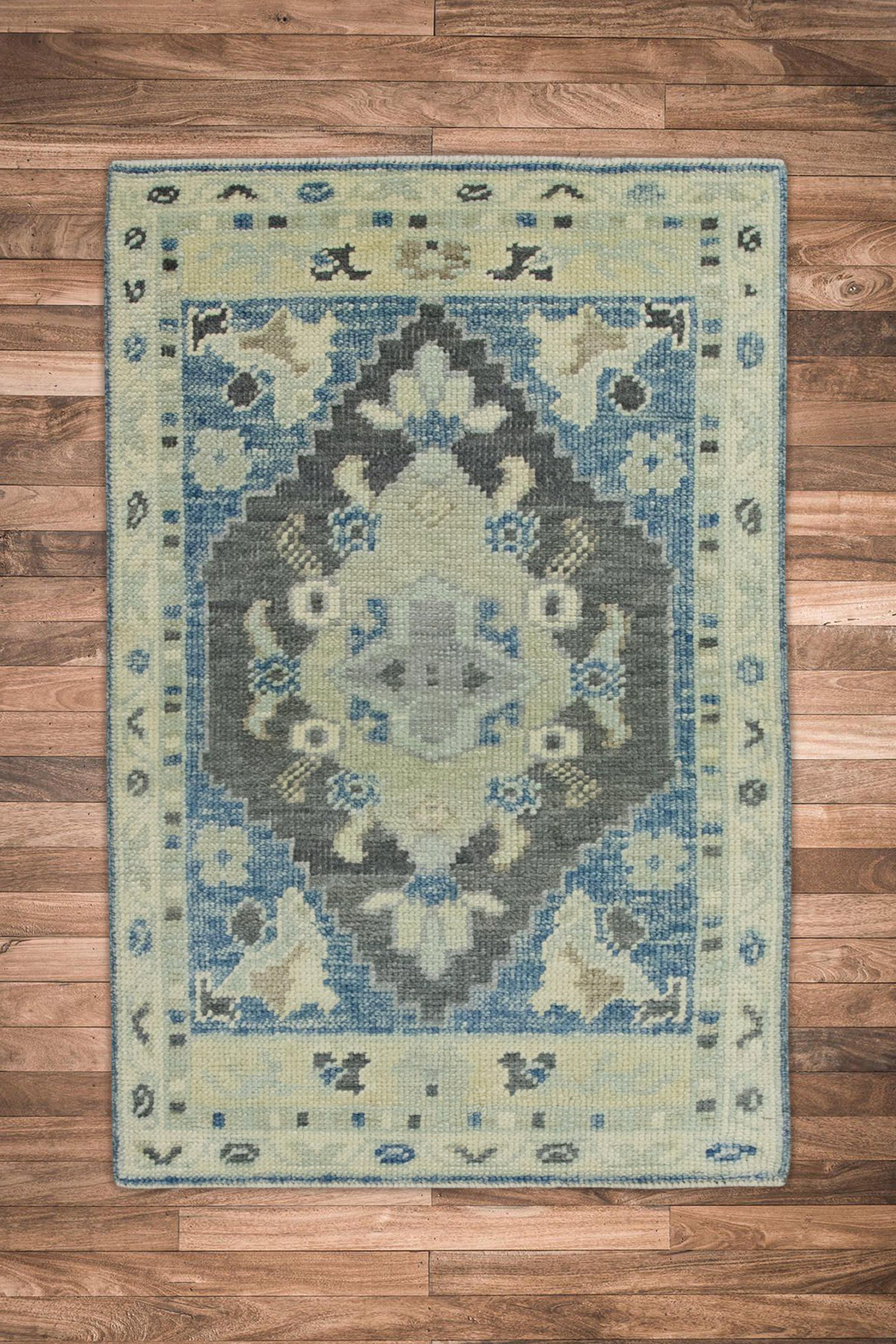 Contemporary Turkish Oushak Rug Blue & Gray Handwoven Wool Rug 2'1