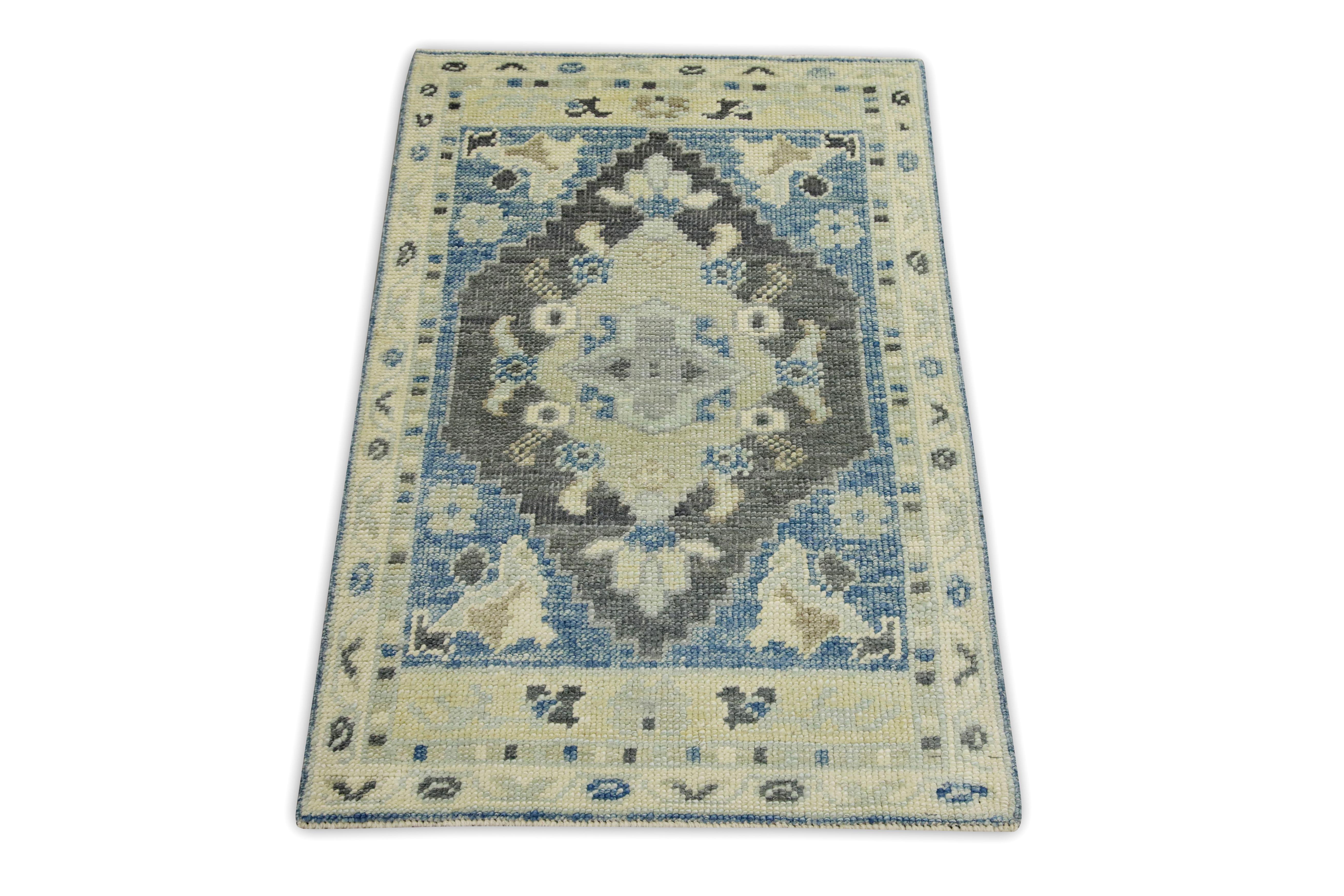 Turkish Oushak Rug Blue & Gray Handwoven Wool Rug 2'1