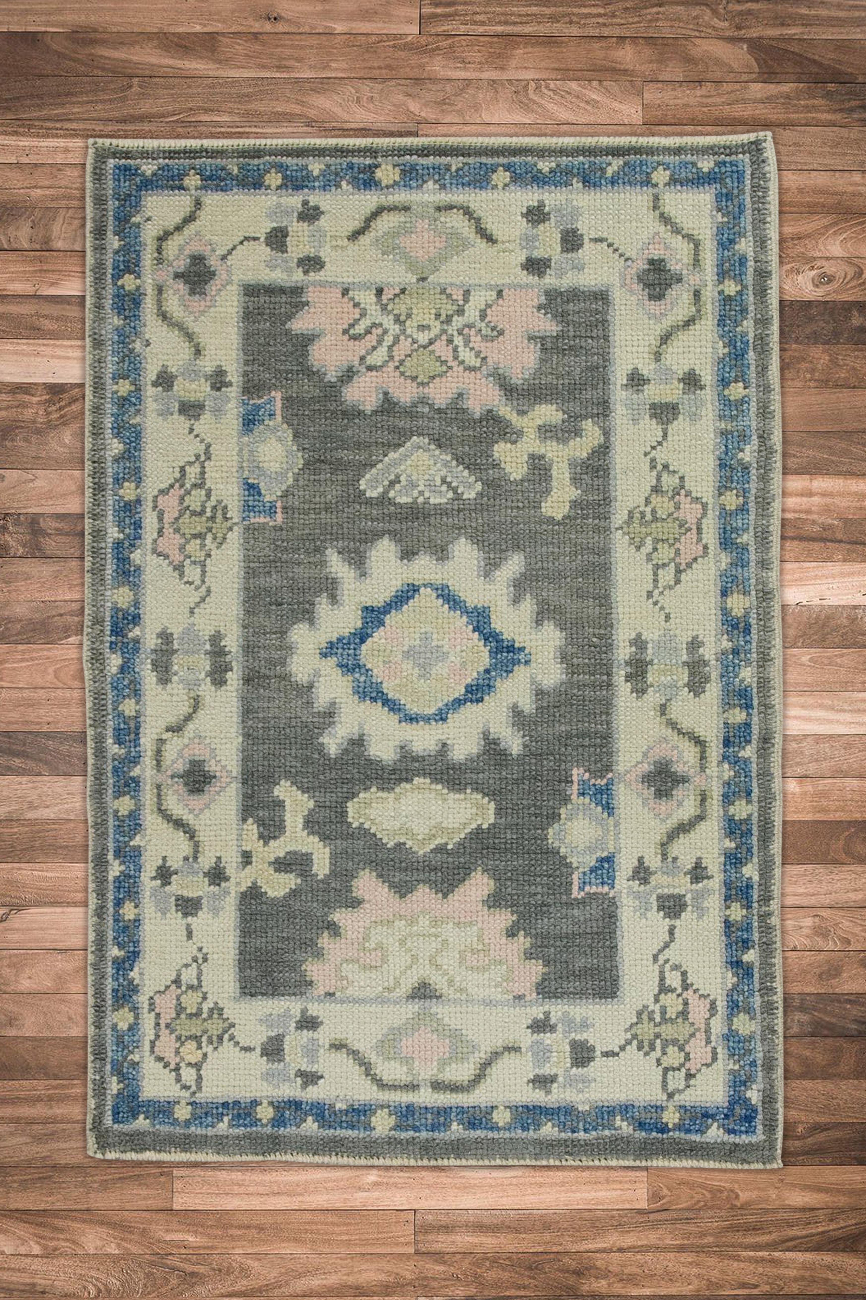 Contemporary Turkish Oushak Rug Blue & Gray Handwoven Wool Rug 2'2