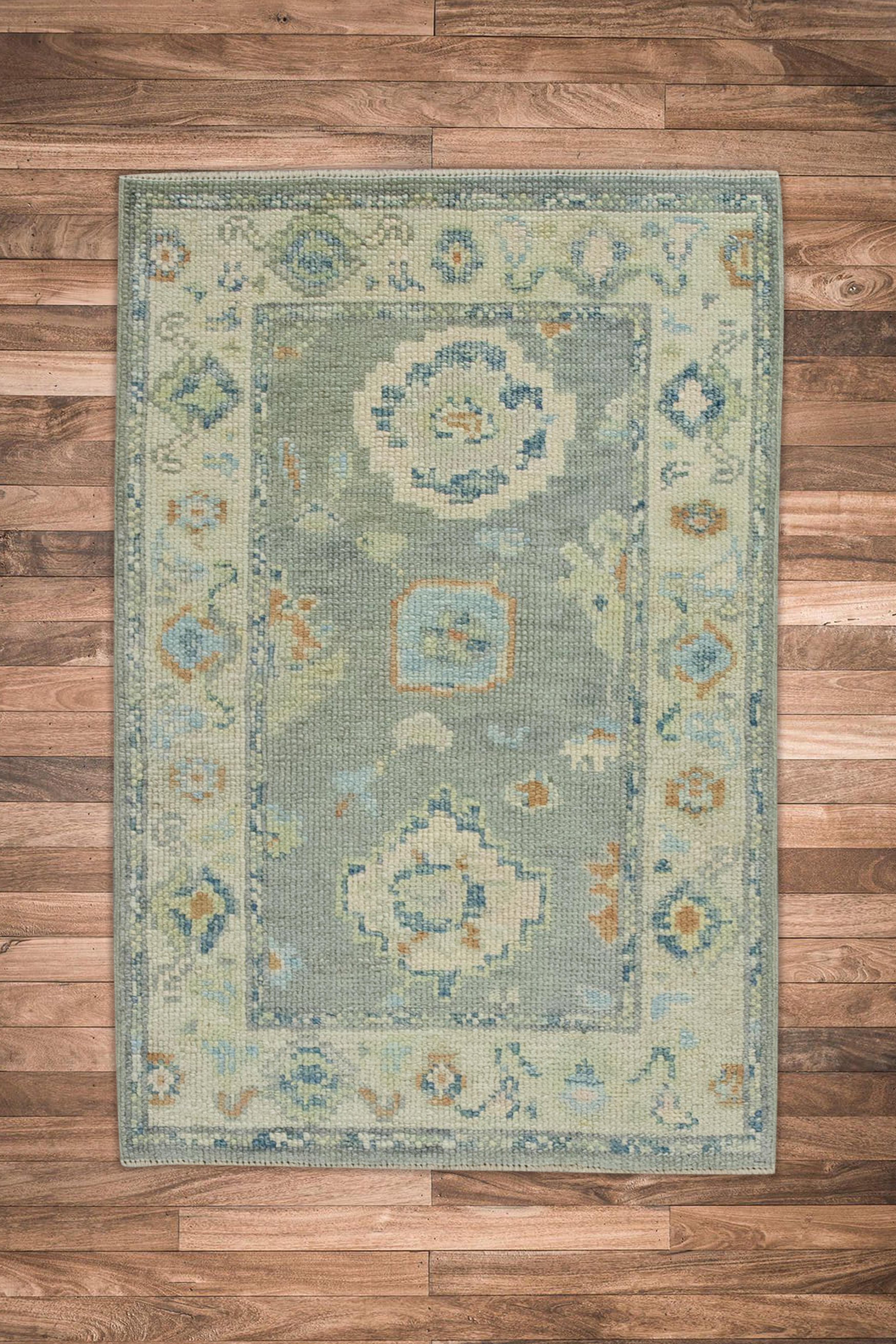 Contemporary Turkish Oushak Rug Blue & Green Floral Handwoven Wool 2'2
