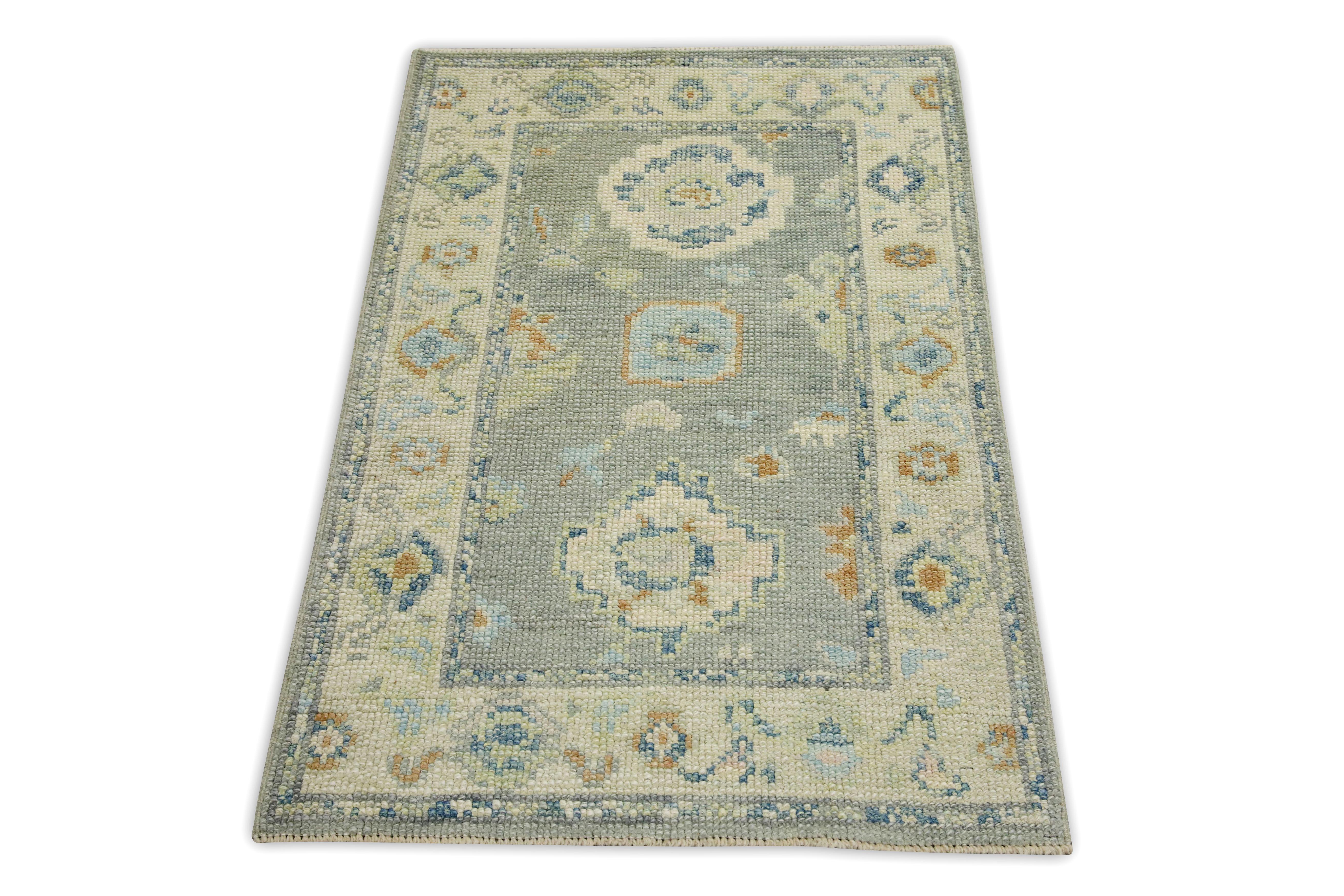 Turkish Oushak Rug Blue & Green Floral Handwoven Wool 2'2