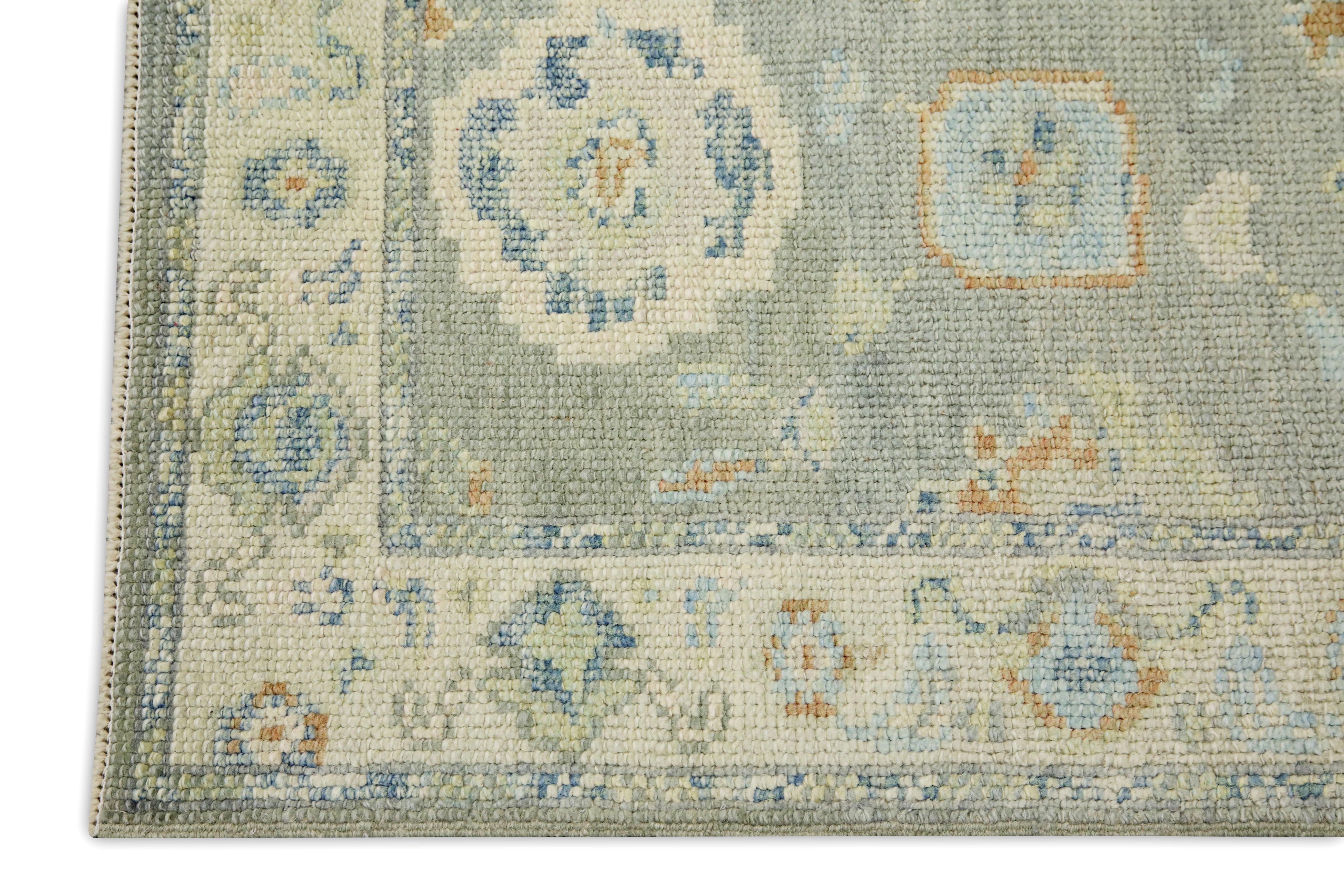 Turkish Oushak Rug Blue & Green Floral Handwoven Wool 2'2