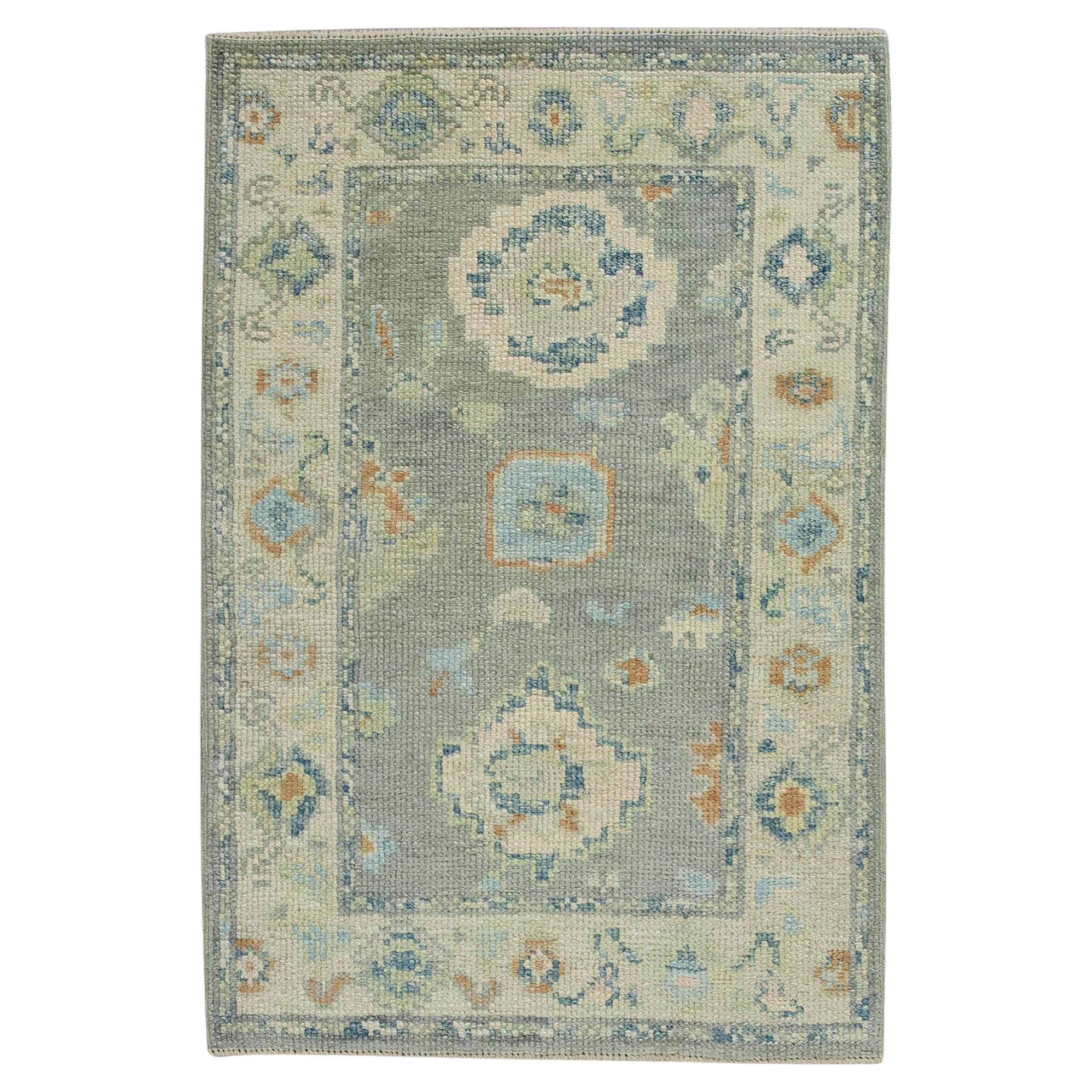 Alfombra Turca Oushak Floral Azul y Verde Lana Tejida a Mano 2'2" x 3'3" #8102