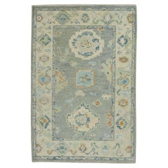 Alfombra Turca Oushak Floral Azul y Verde Lana Tejida a Mano 2'2" x 3'3" #8102