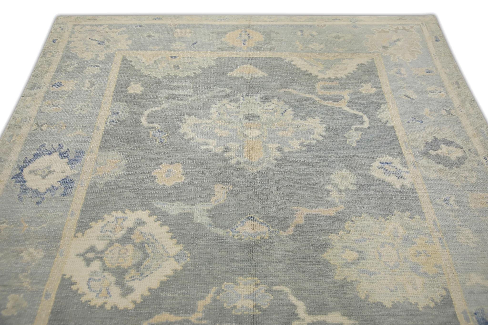Türkischer Oushak Teppich Blau & Elfenbein Handgefertigter Wollteppich 5'10