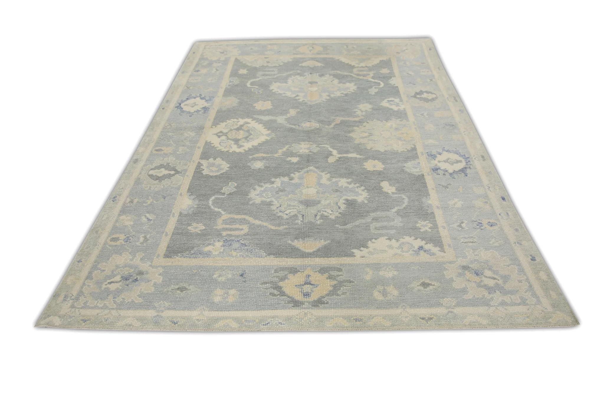 Türkischer Oushak Teppich Blau & Elfenbein Handgefertigter Wollteppich 5'10