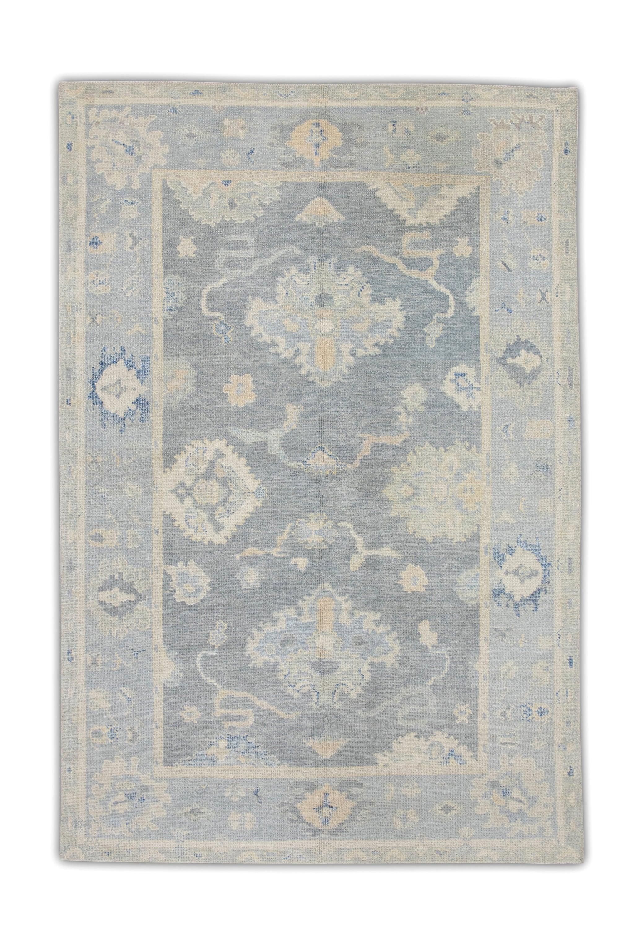 Türkischer Oushak Teppich Blau & Elfenbein Handgefertigter Wollteppich 5'10