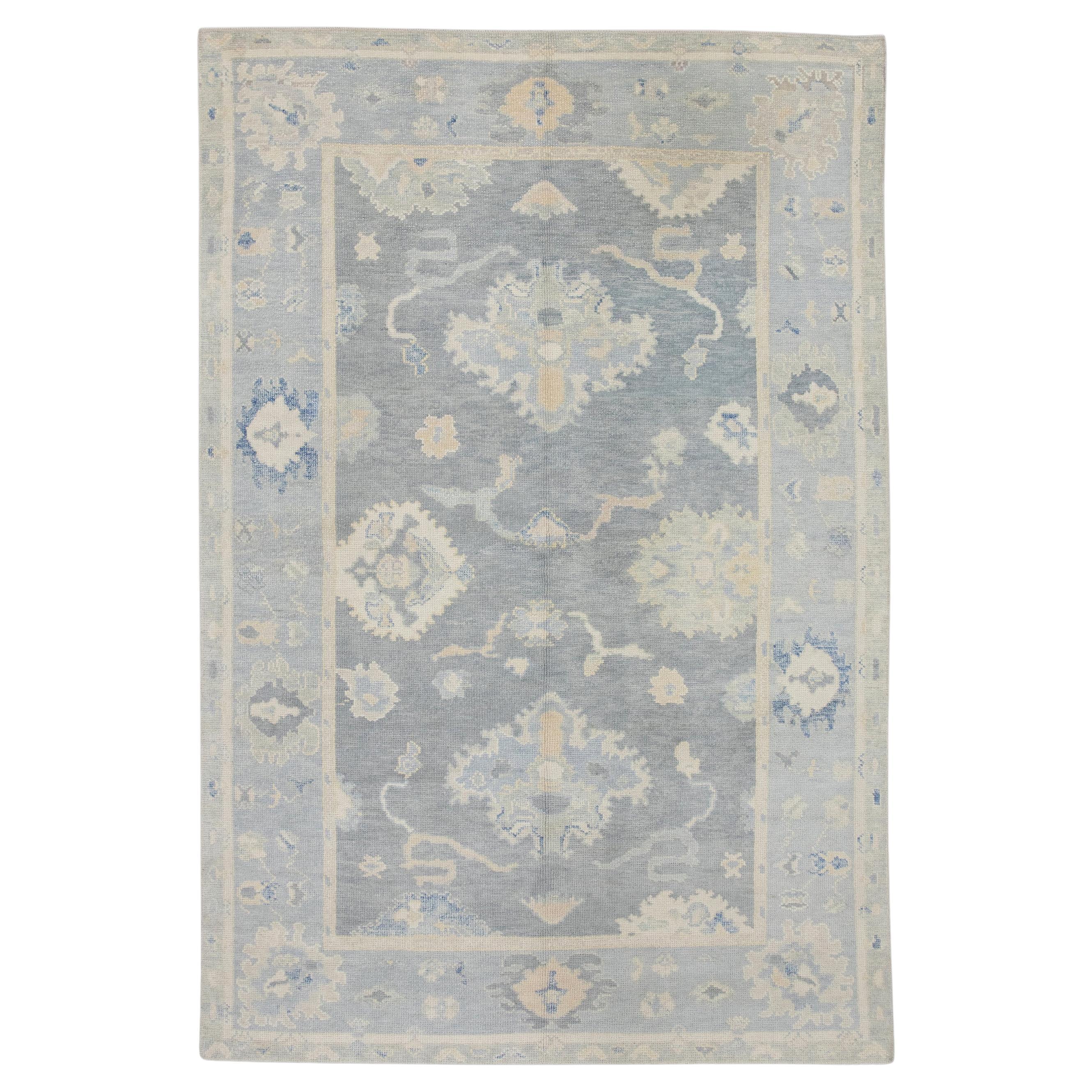 Türkischer Oushak Teppich Blau & Elfenbein Handgefertigter Wollteppich 5'10" x 8'6"