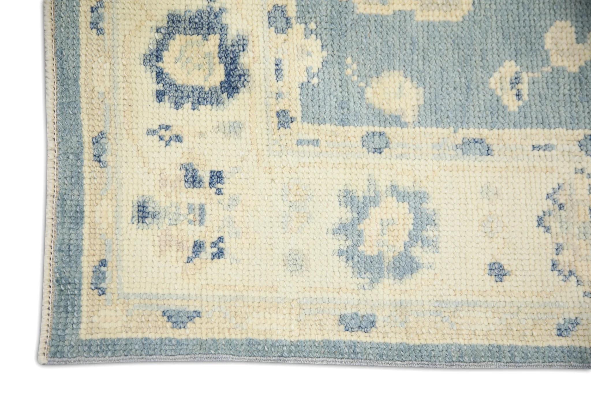 Moderne Turkish Oushak Rug Blue & Ivory Handwoven Wool Rug 2'10