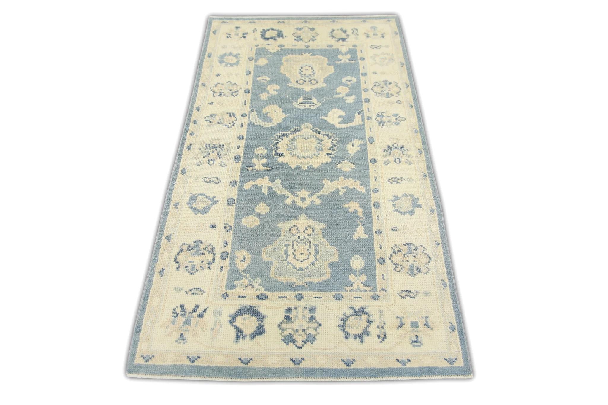 Teinture végétale Turkish Oushak Rug Blue & Ivory Handwoven Wool Rug 2'10