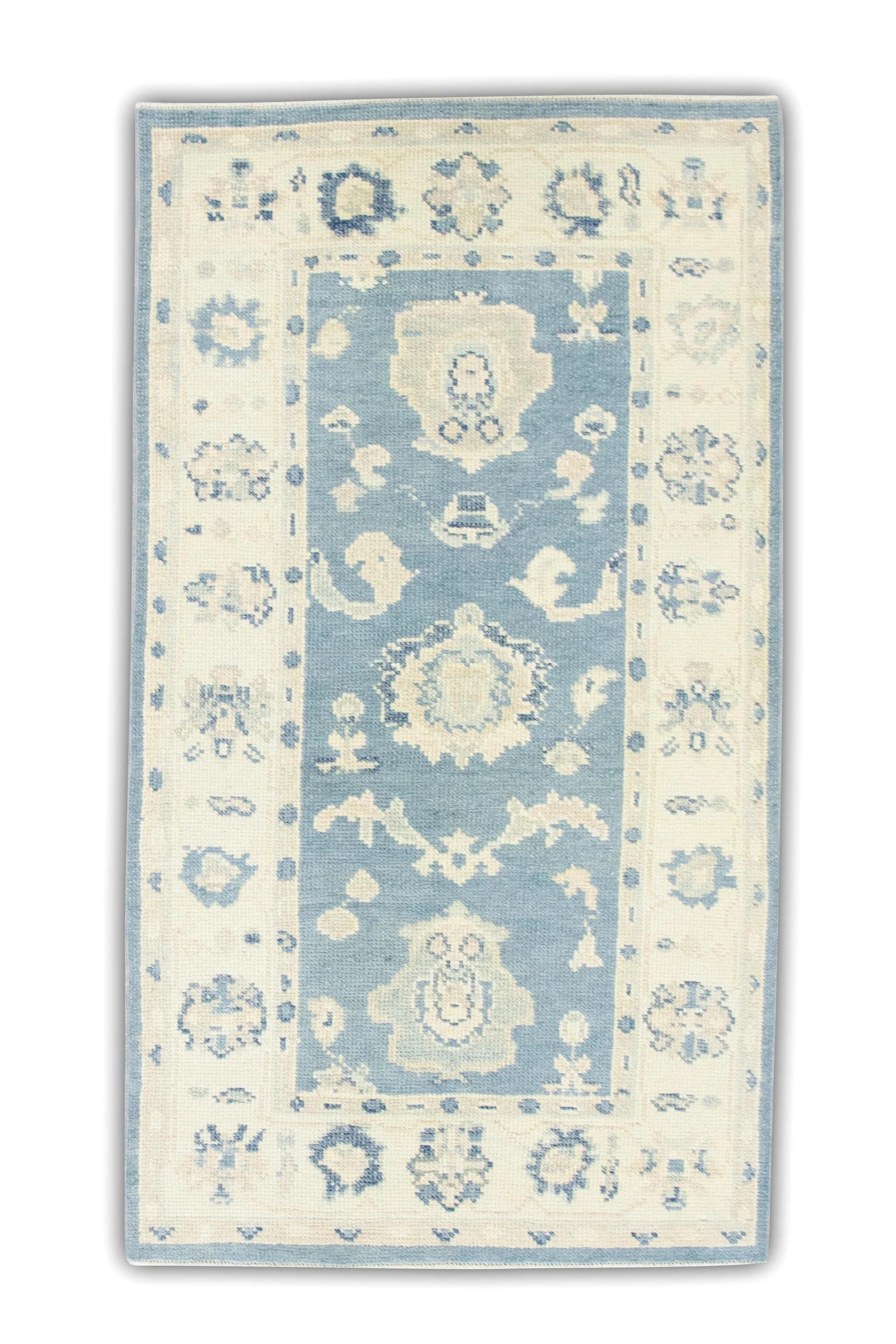 Turkish Oushak Rug Blue & Ivory Handwoven Wool Rug 2'10
