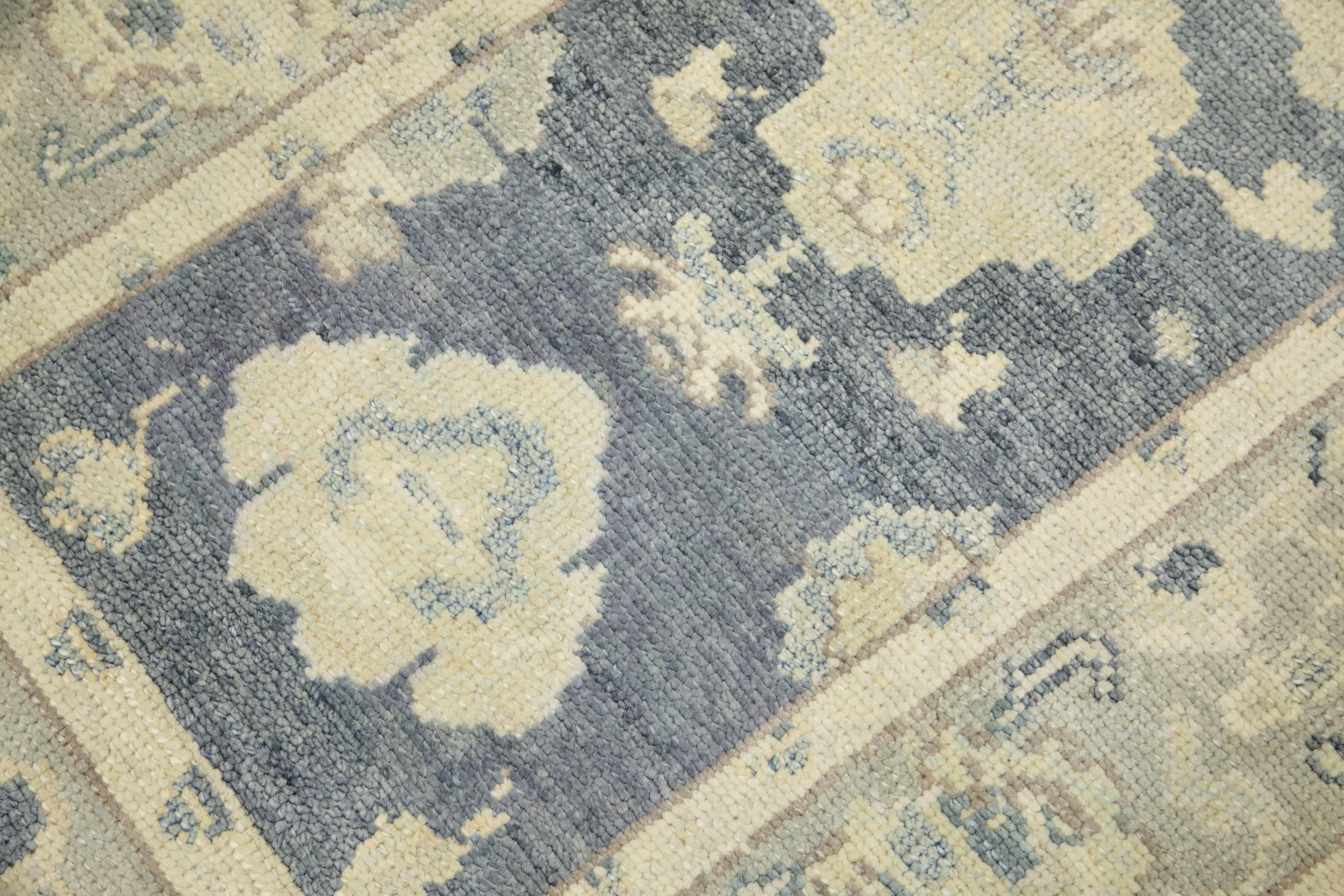 Alfombra turca Oushak Alfombra de lana tejida a mano azul y marfil 3'1