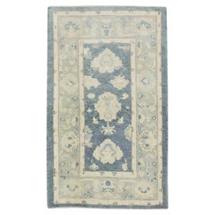 Turkish Oushak Rug Blue & Ivory Handwoven Wool Rug 3'1" x 5'2"