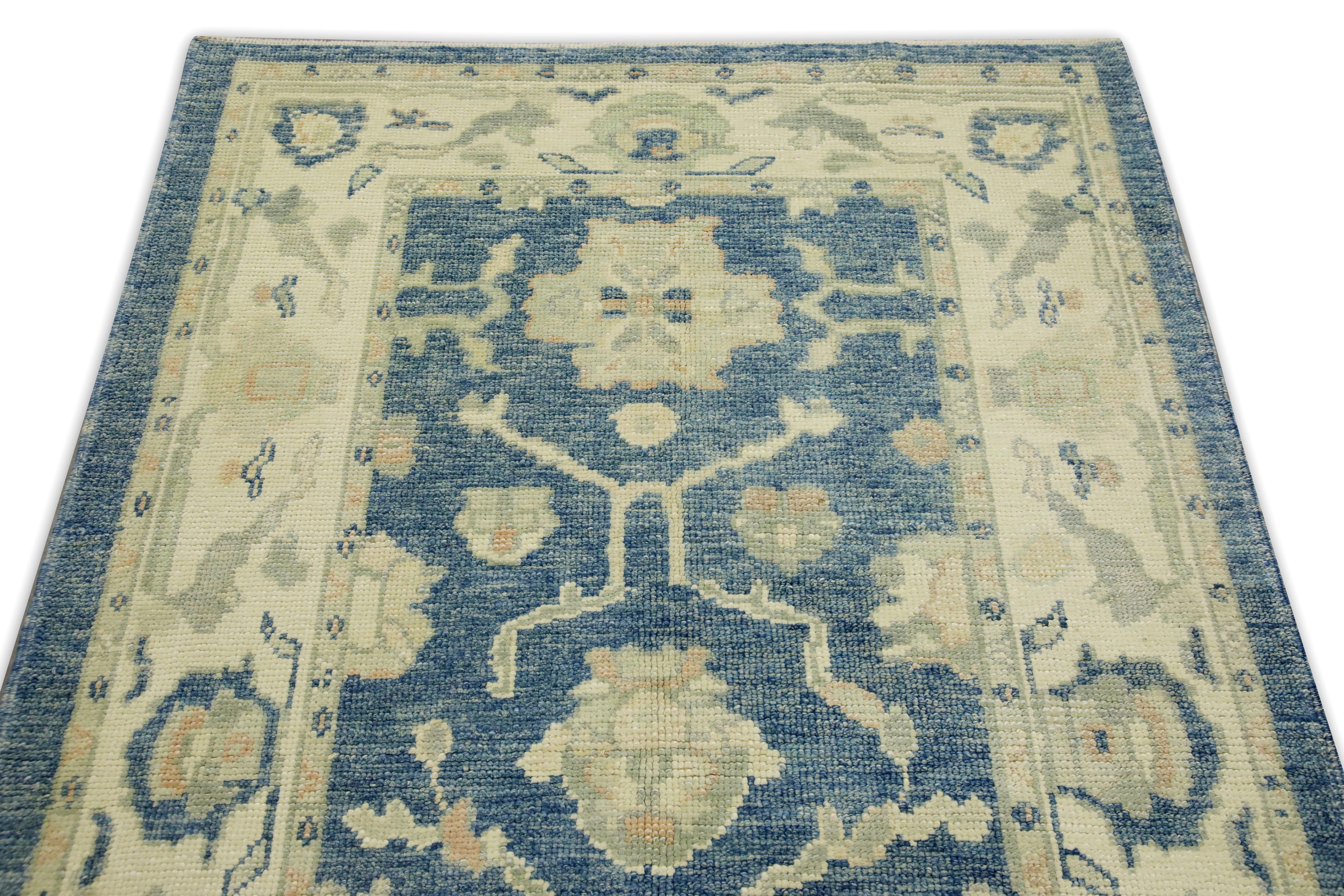 Turkish Oushak Rug Blue & Ivory Handwoven Wool Rug 3'11