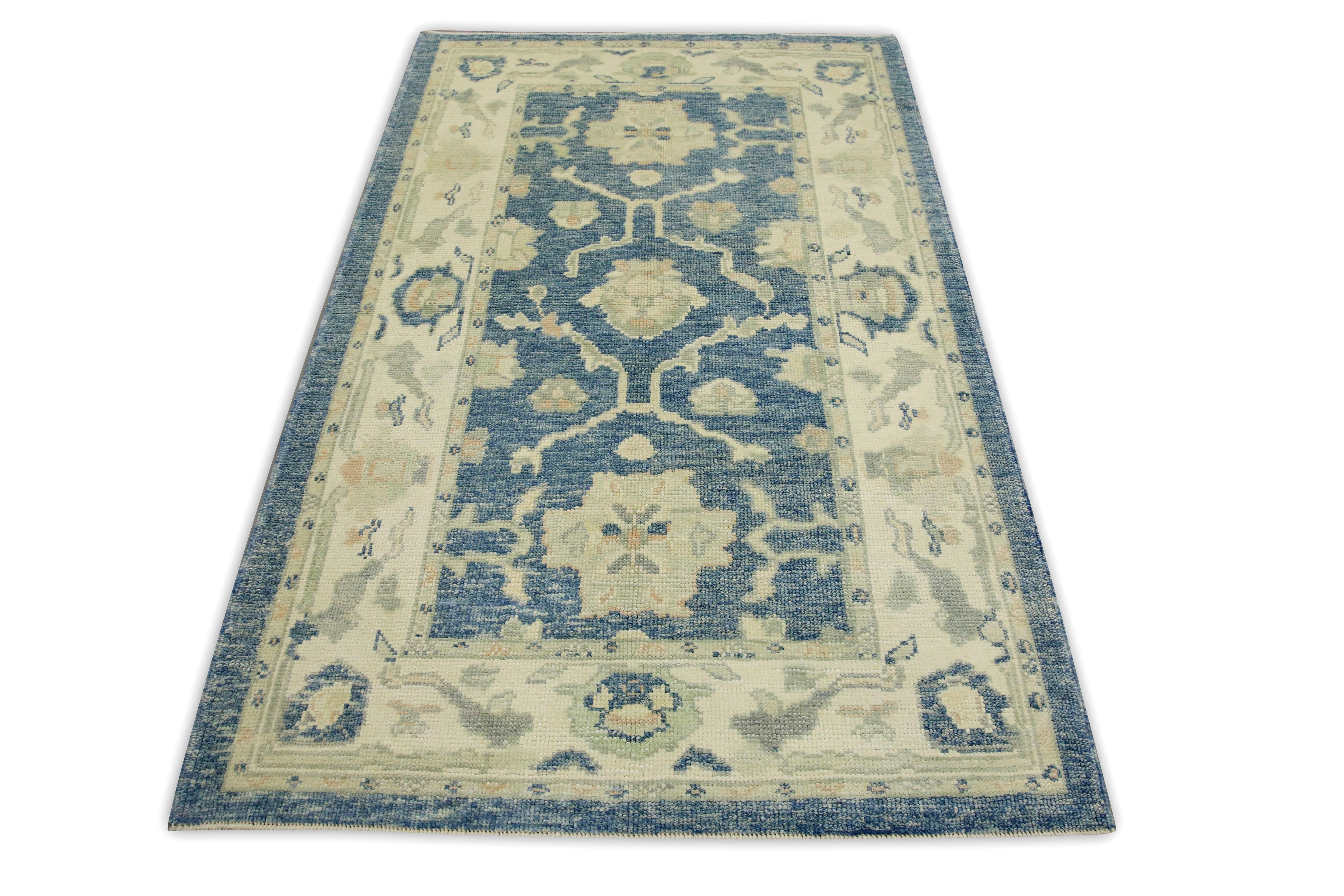 Contemporary Turkish Oushak Rug Blue & Ivory Handwoven Wool Rug 3'11