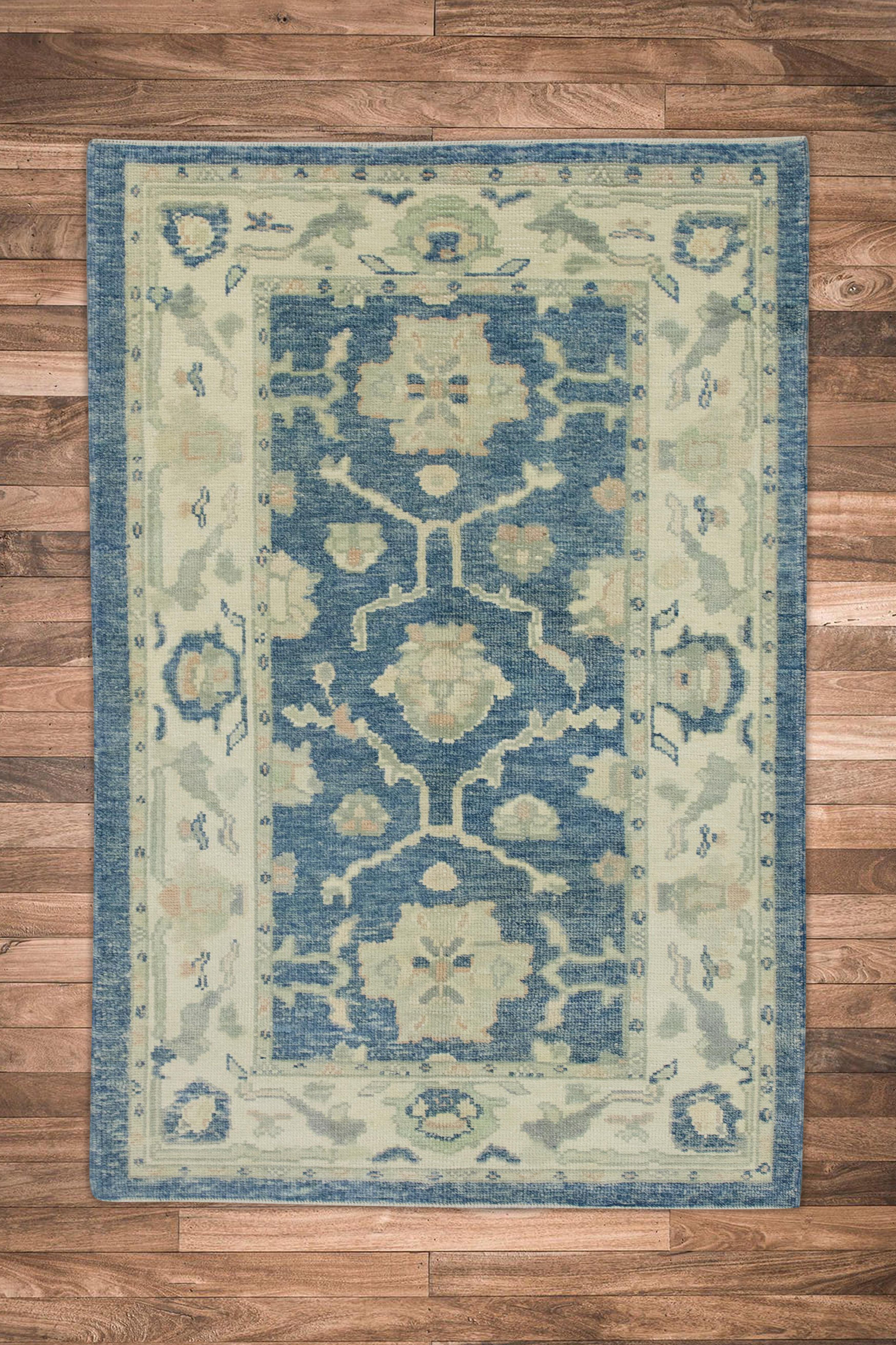 Turkish Oushak Rug Blue & Ivory Handwoven Wool Rug 3'11