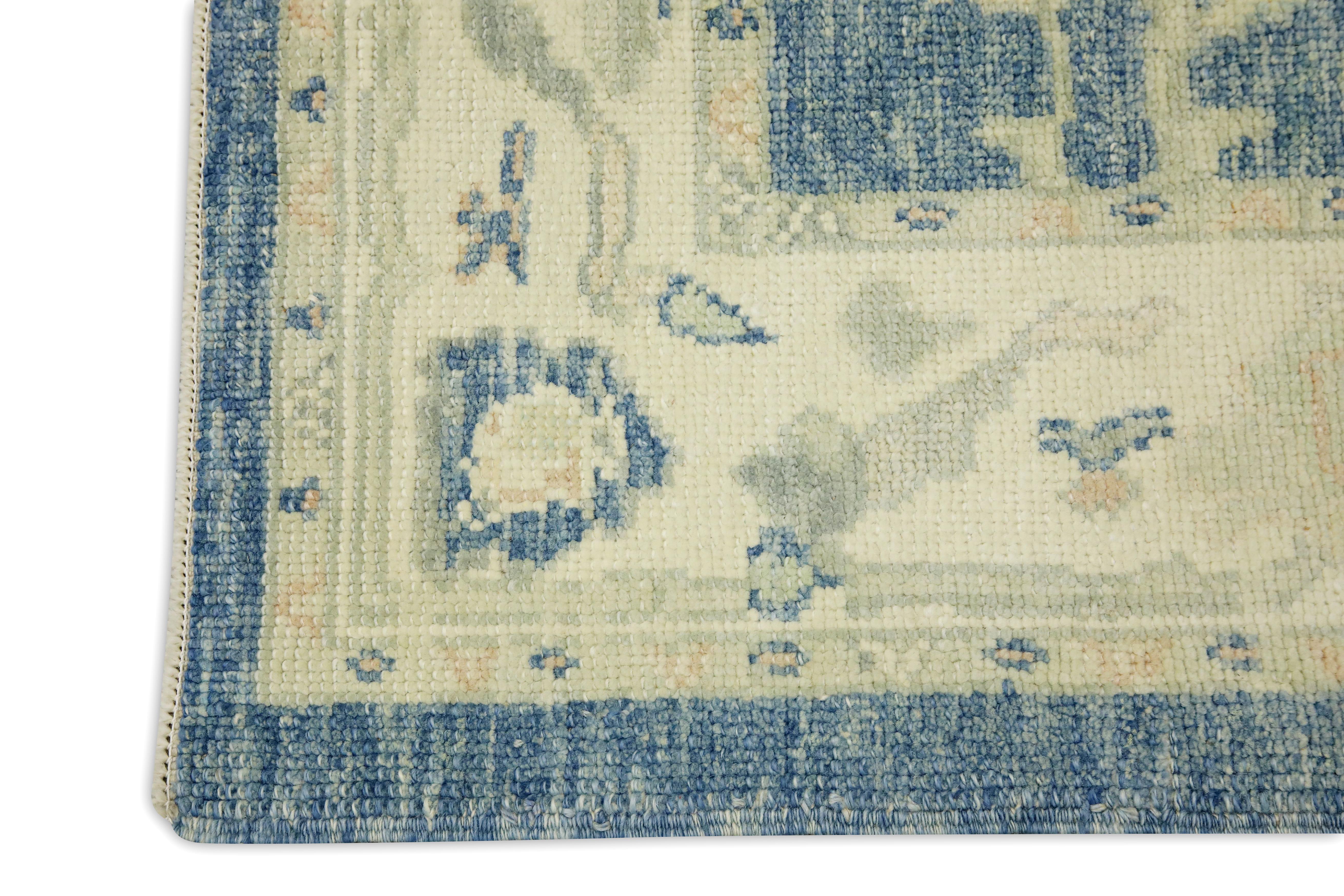 Turkish Oushak Rug Blue & Ivory Handwoven Wool Rug 3'11