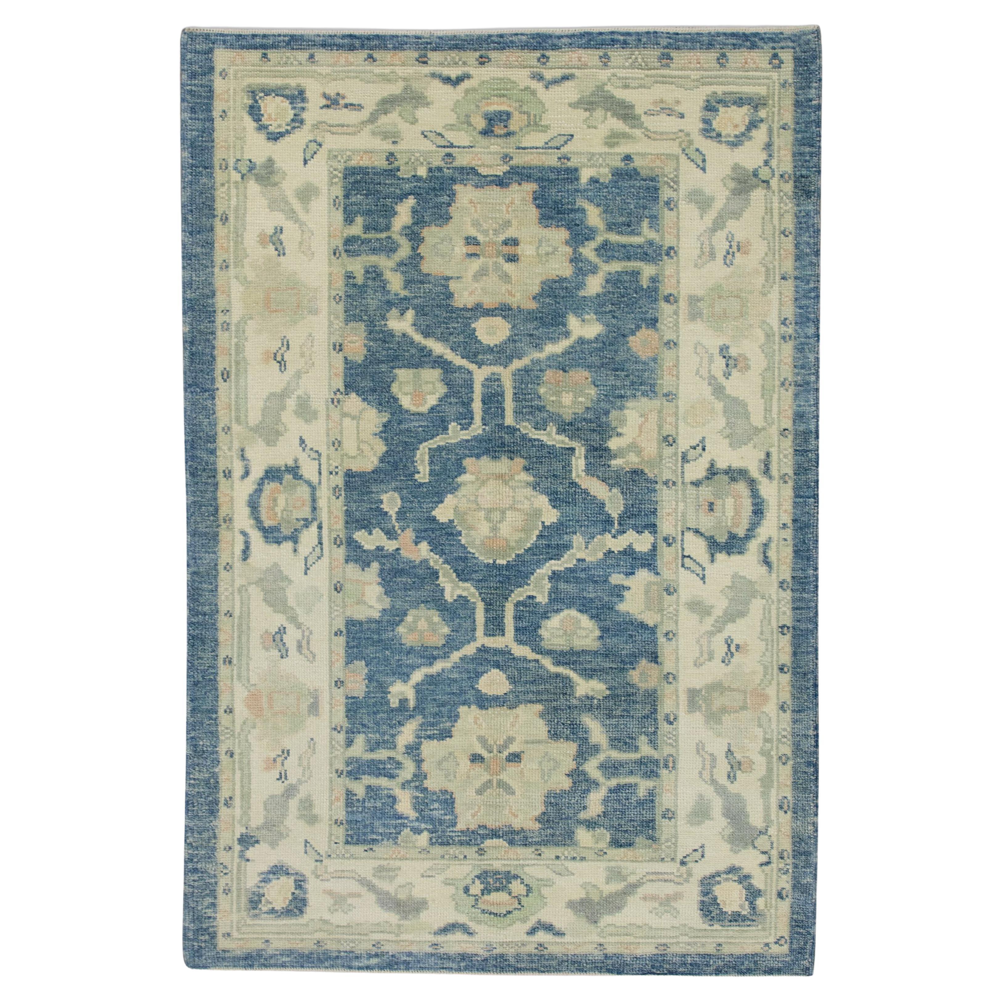 Turkish Oushak Rug Blue & Ivory Handwoven Wool Rug 3'11" x 6'4" For Sale